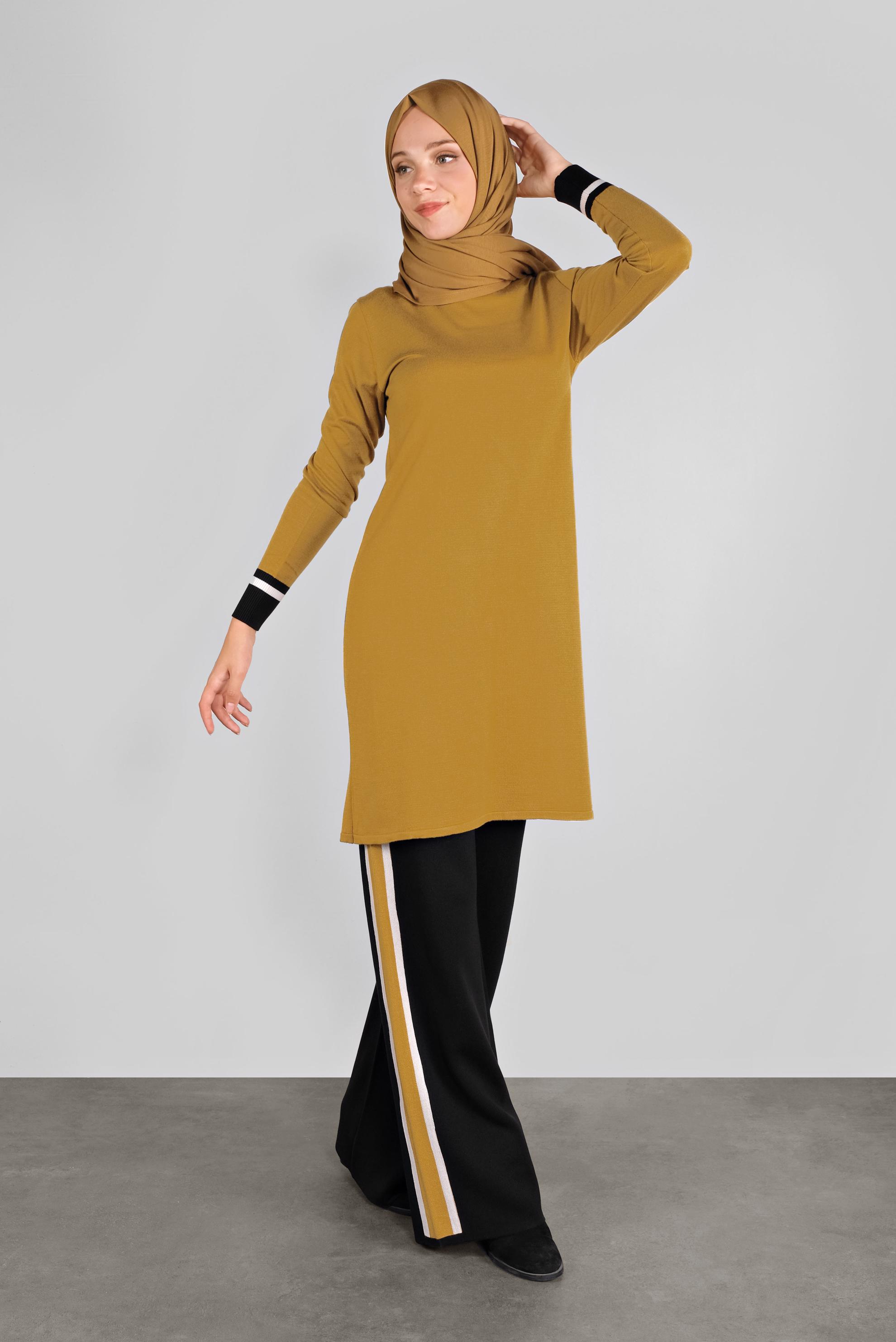 Tesettür giyim SARI ŞERİTLİ TRİKO PANTOLONLU TAKIM 41052 
