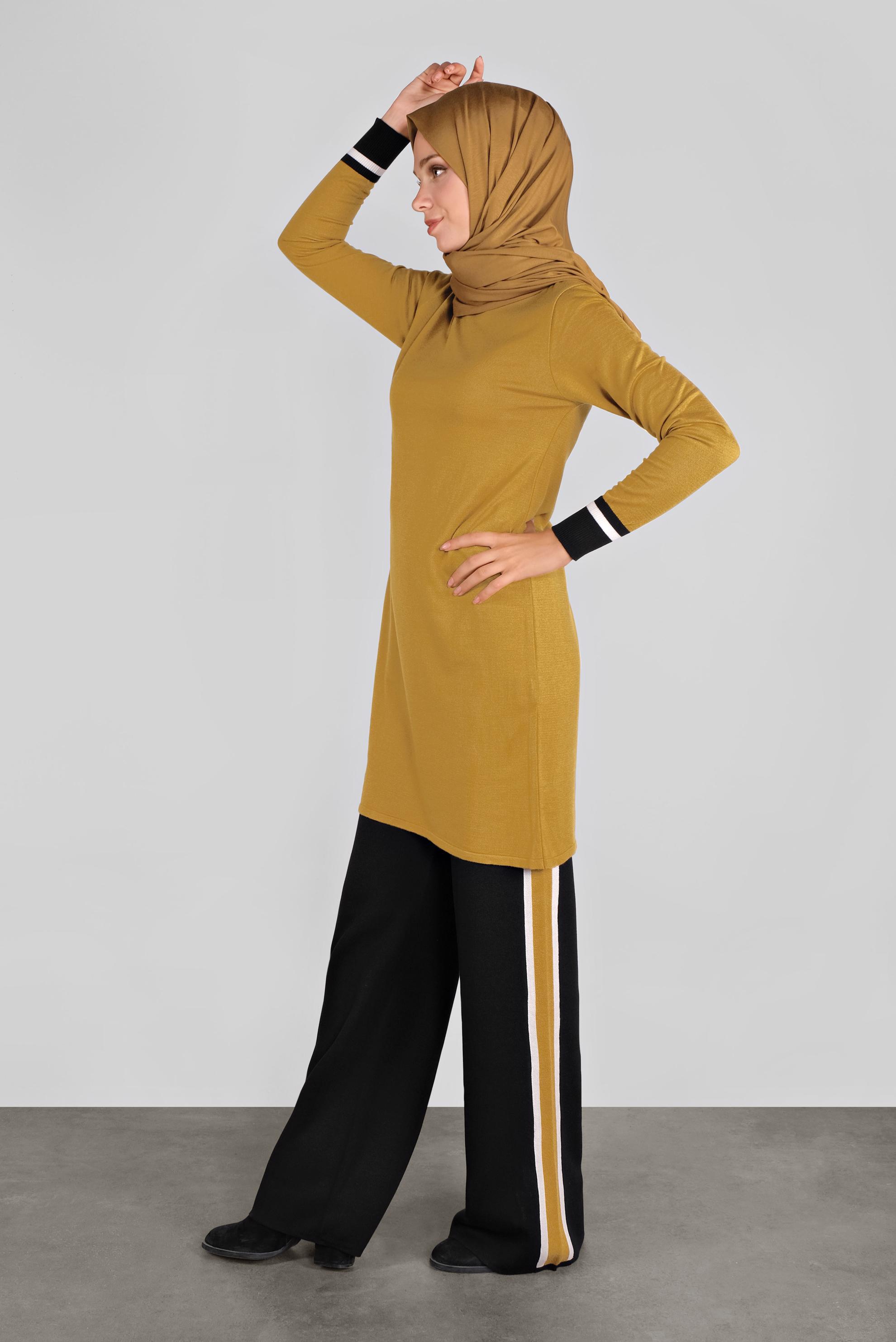 Tesettür giyim SARI ŞERİTLİ TRİKO PANTOLONLU TAKIM 41052 