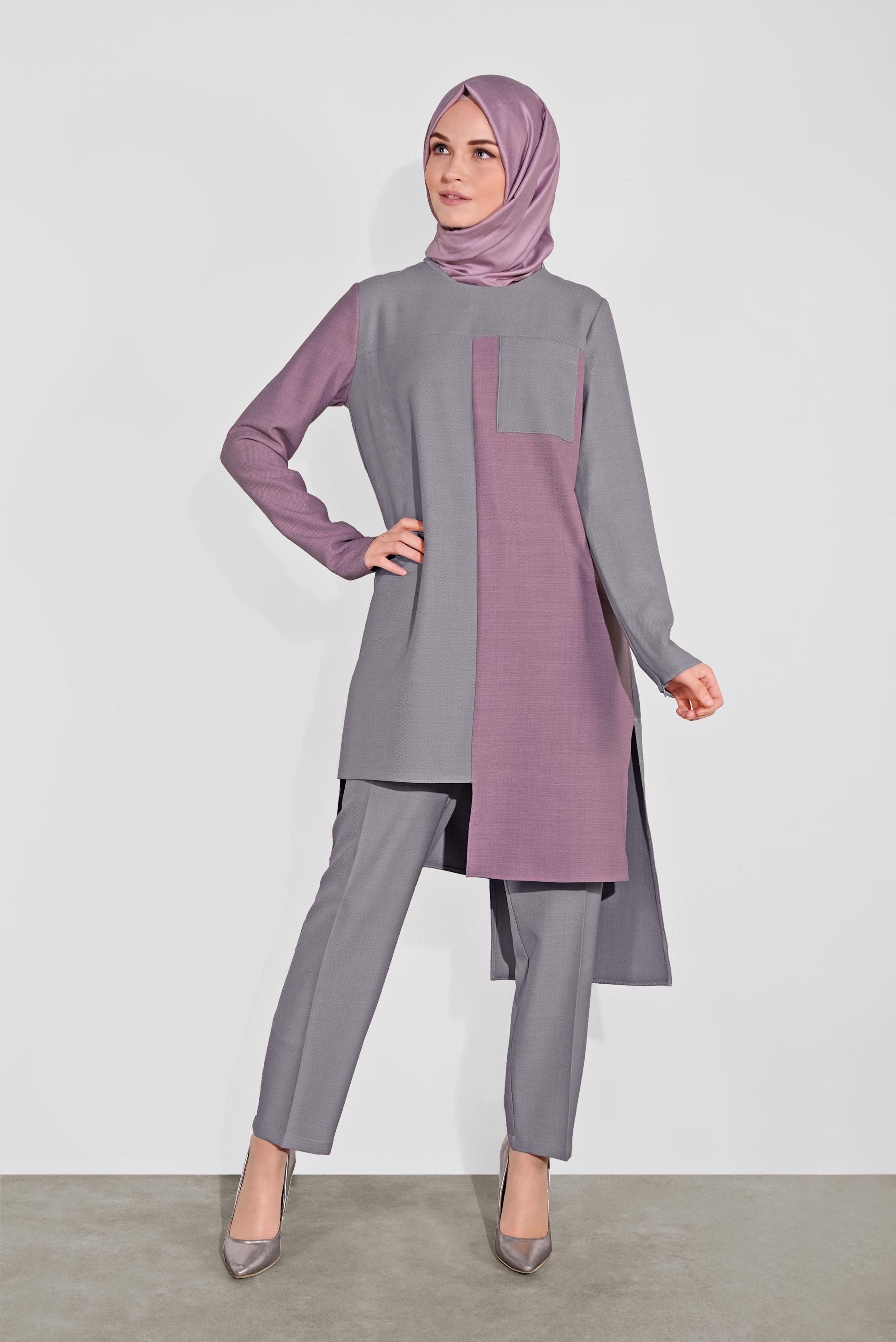 Tesettür giyim GRİ ASİMETRİK KESİM PANTOLONLU TAKIM 41115