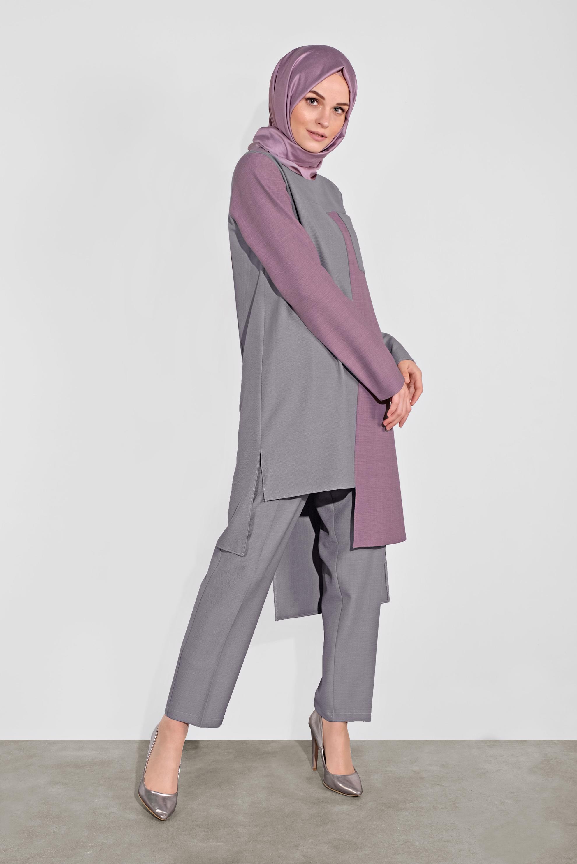 Tesettür giyim GRİ ASİMETRİK KESİM PANTOLONLU TAKIM 41115