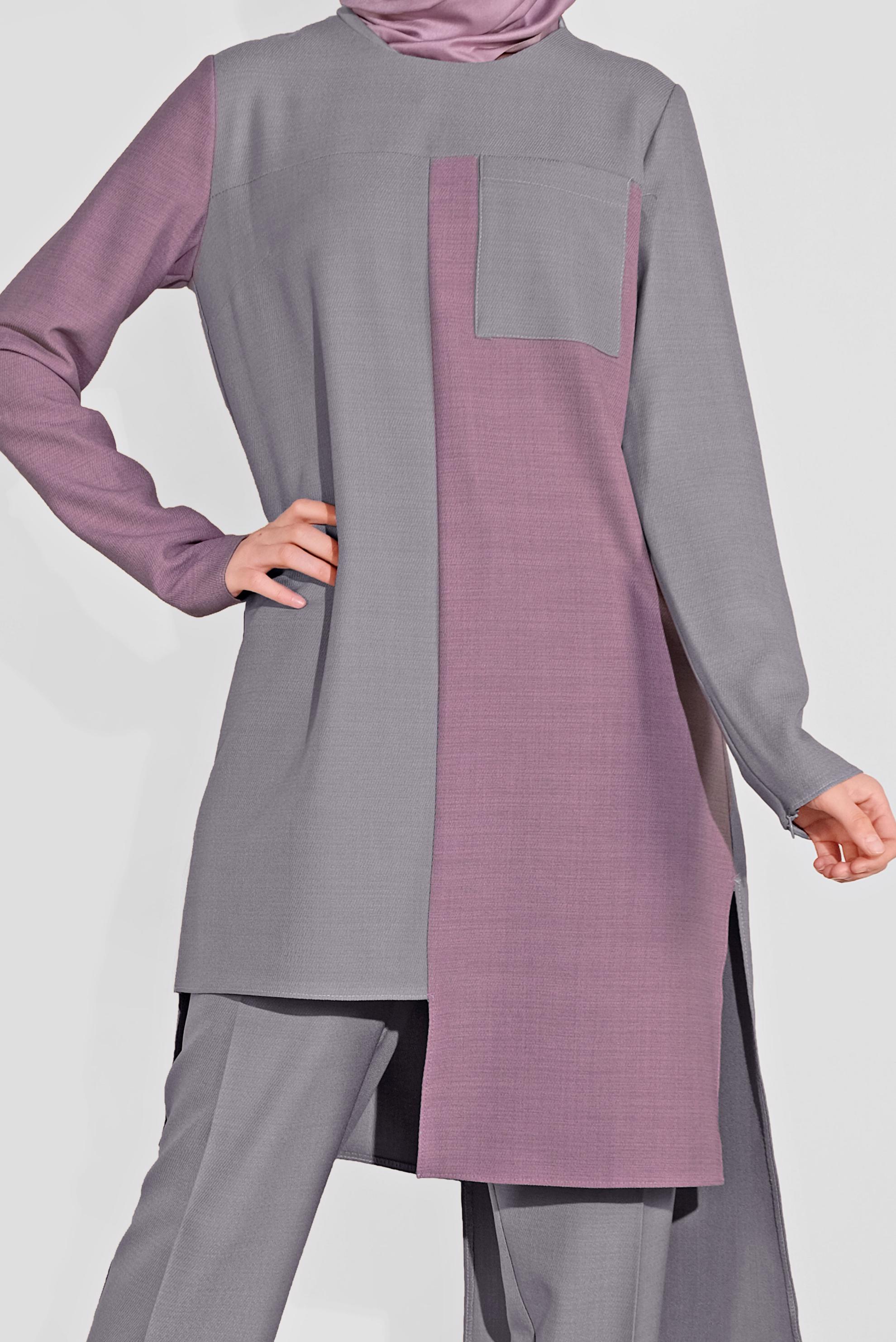 Tesettür giyim GRİ ASİMETRİK KESİM PANTOLONLU TAKIM 41115