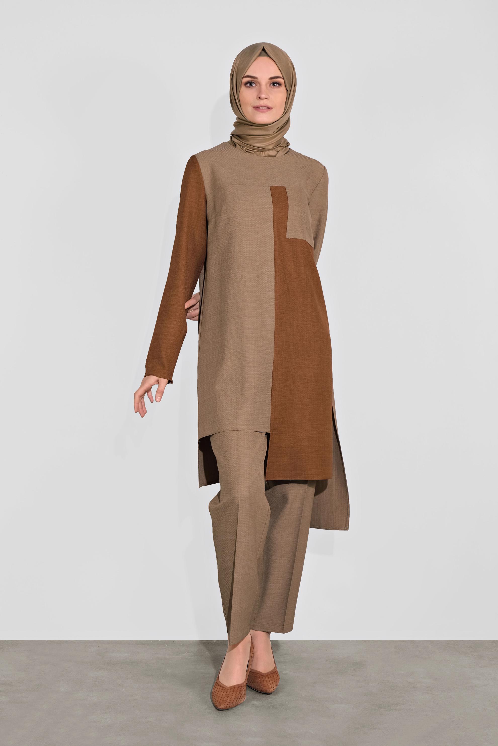 Tesettür giyim KAHVE ASİMETRİK KESİM PANTOLONLU TAKIM 41115
