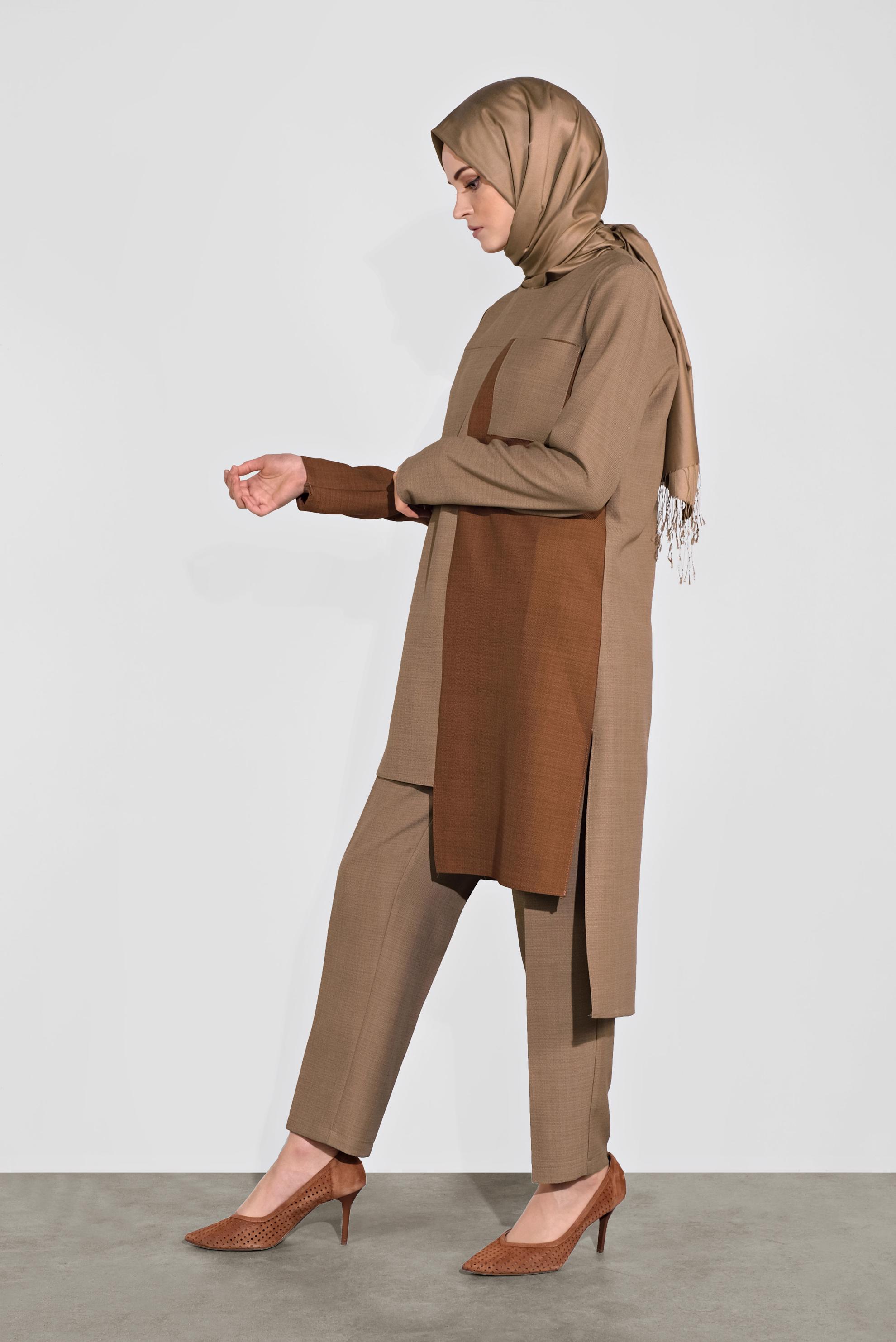 Tesettür giyim KAHVE ASİMETRİK KESİM PANTOLONLU TAKIM 41115