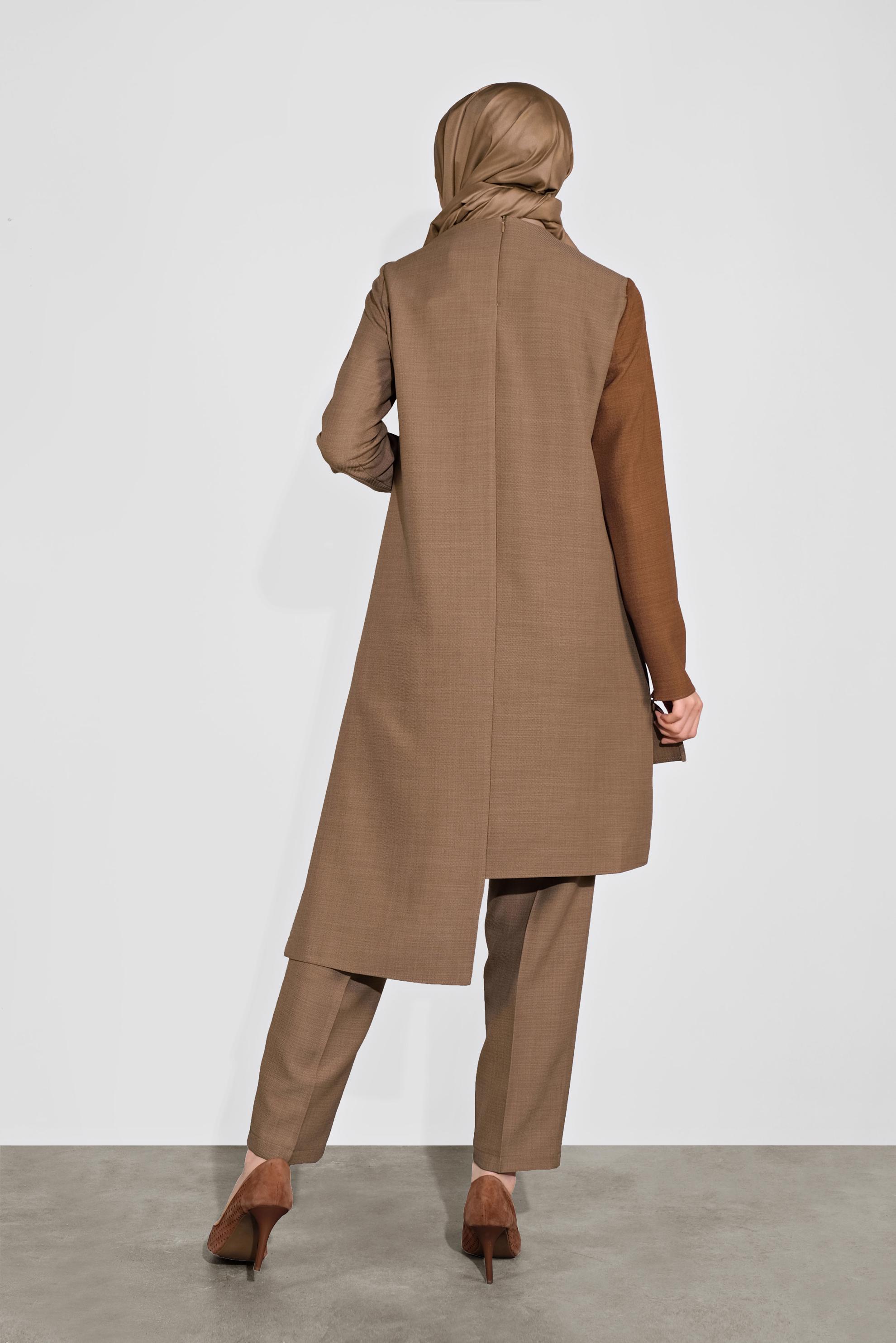 Tesettür giyim KAHVE ASİMETRİK KESİM PANTOLONLU TAKIM 41115