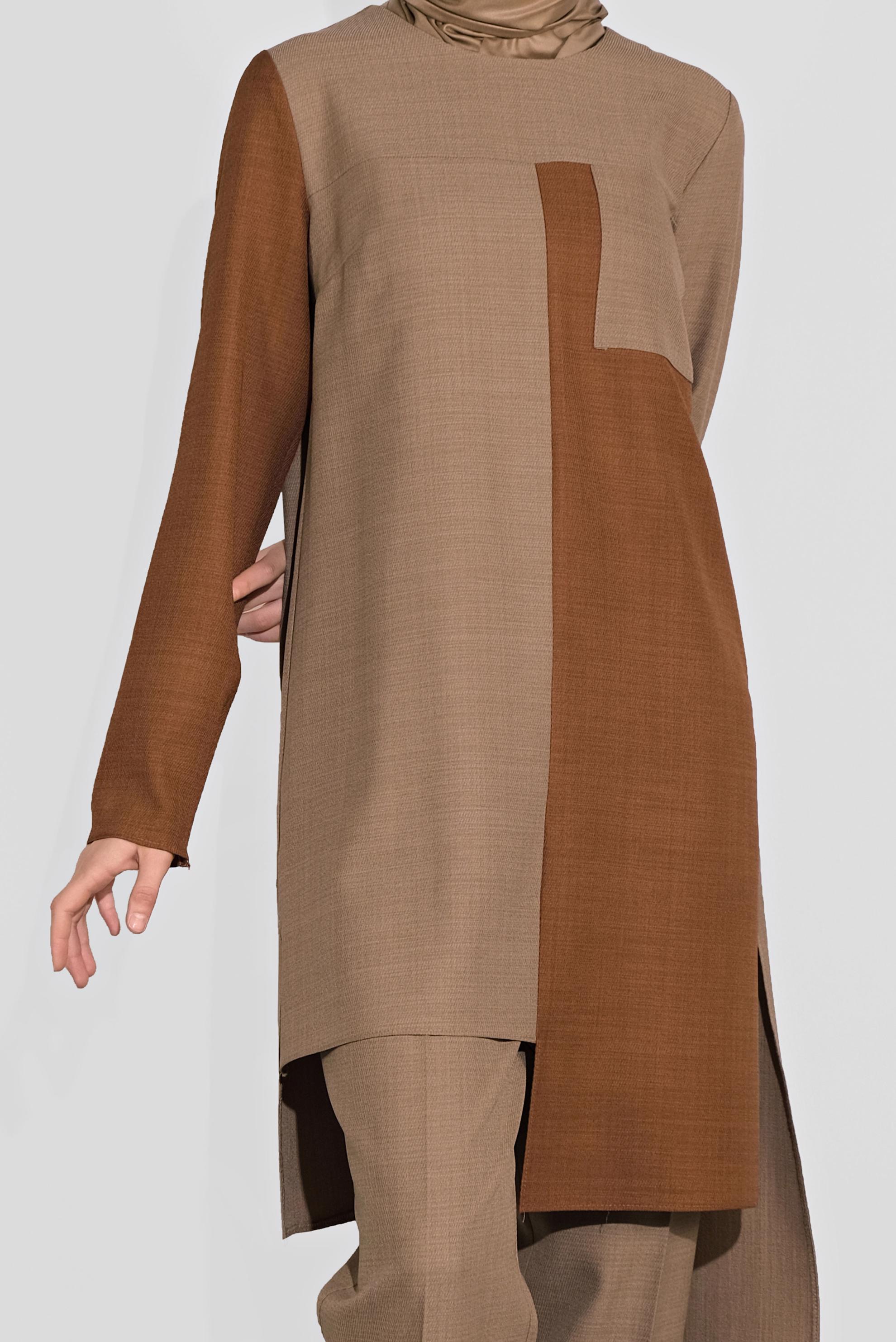 Tesettür giyim KAHVE ASİMETRİK KESİM PANTOLONLU TAKIM 41115