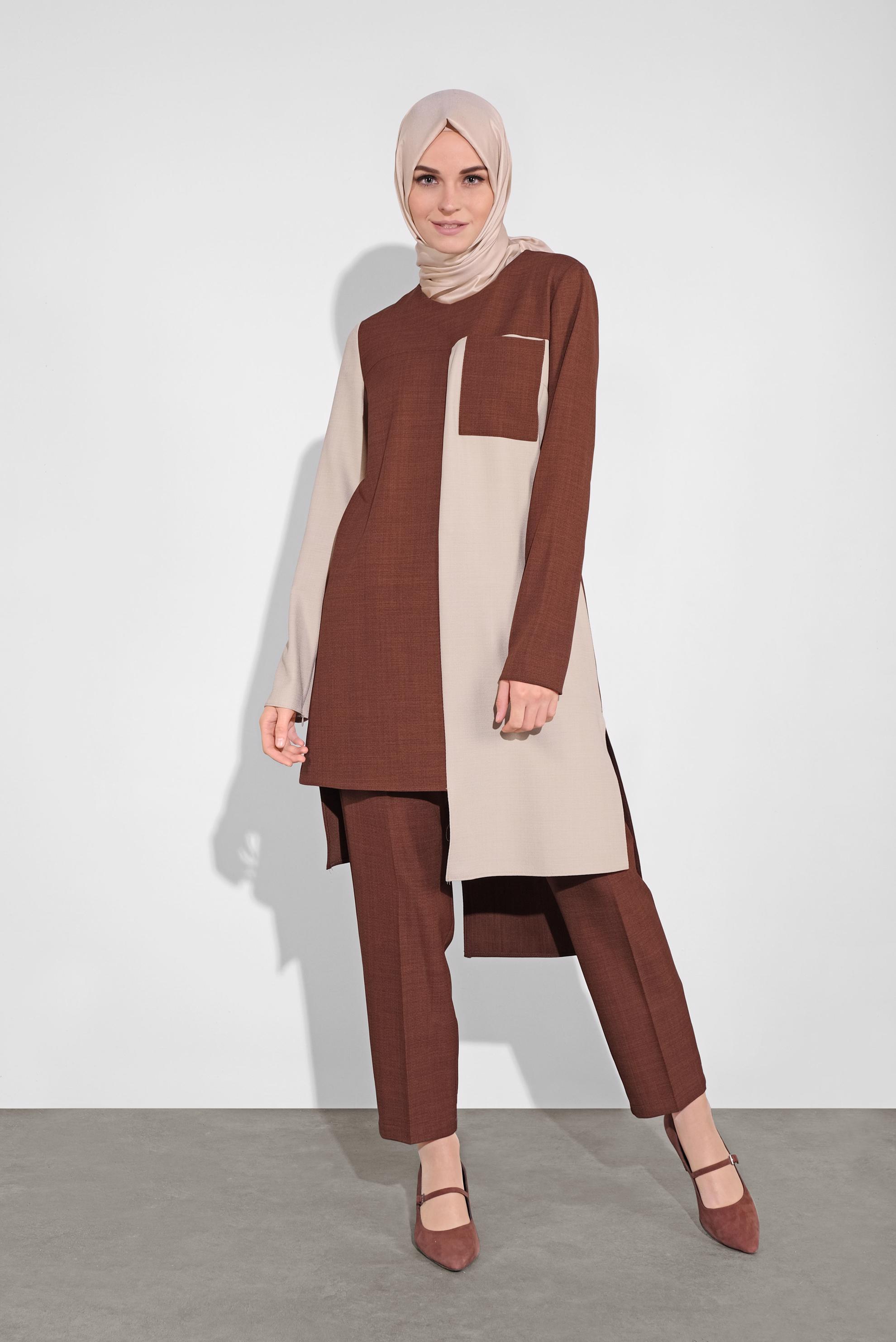 Tesettür giyim TURUNCU ASİMETRİK KESİM PANTOLONLU TAKIM 41115