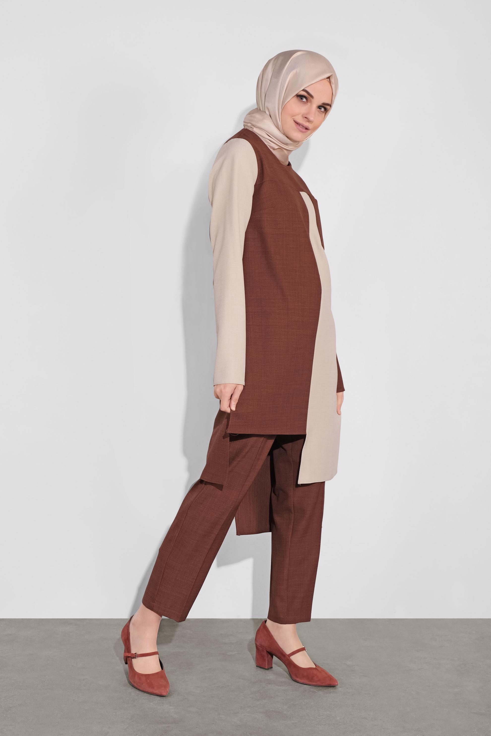 Tesettür giyim TURUNCU ASİMETRİK KESİM PANTOLONLU TAKIM 41115