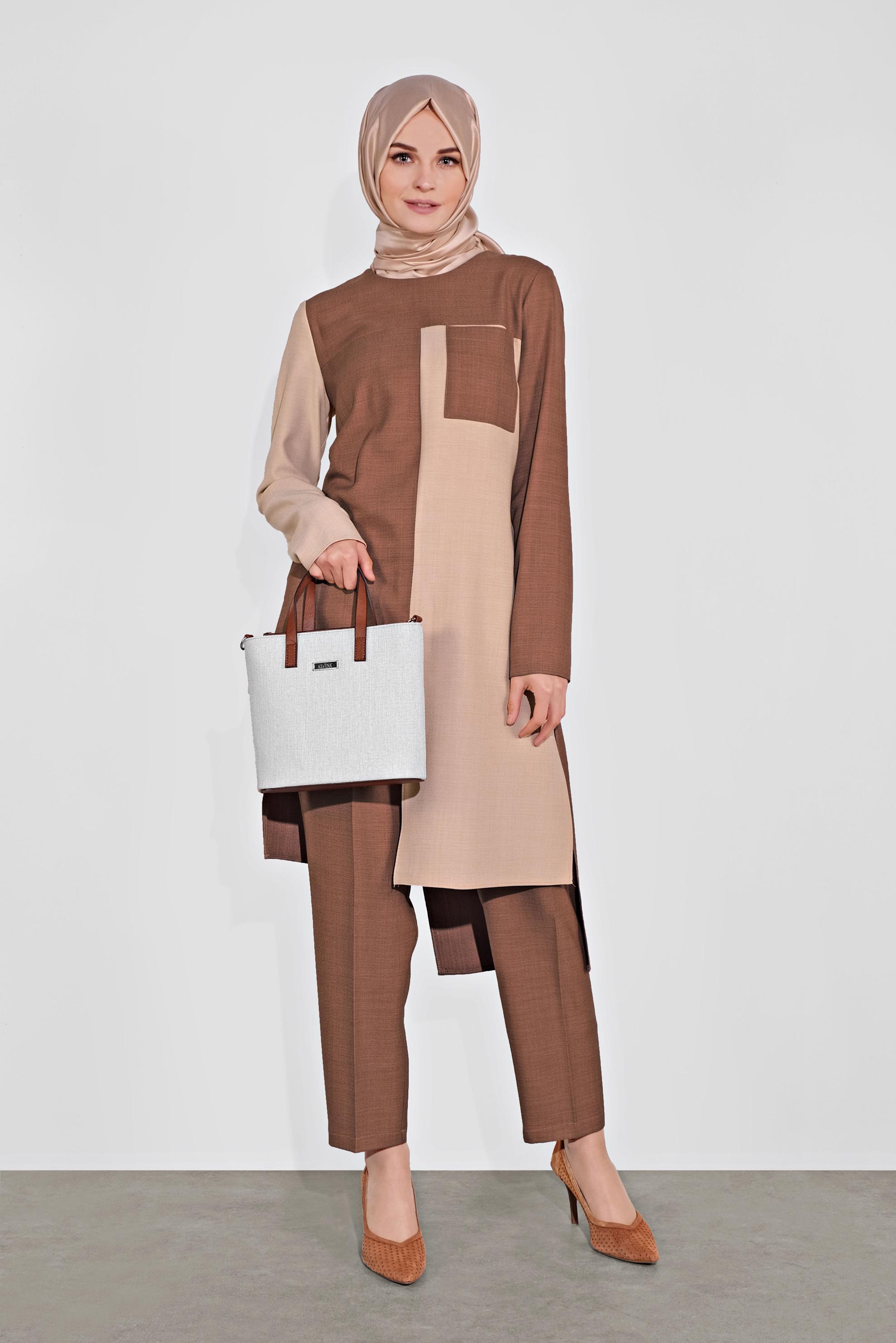 Tesettür giyim KAHVE ASİMETRİK KESİM PANTOLONLU TAKIM 41115