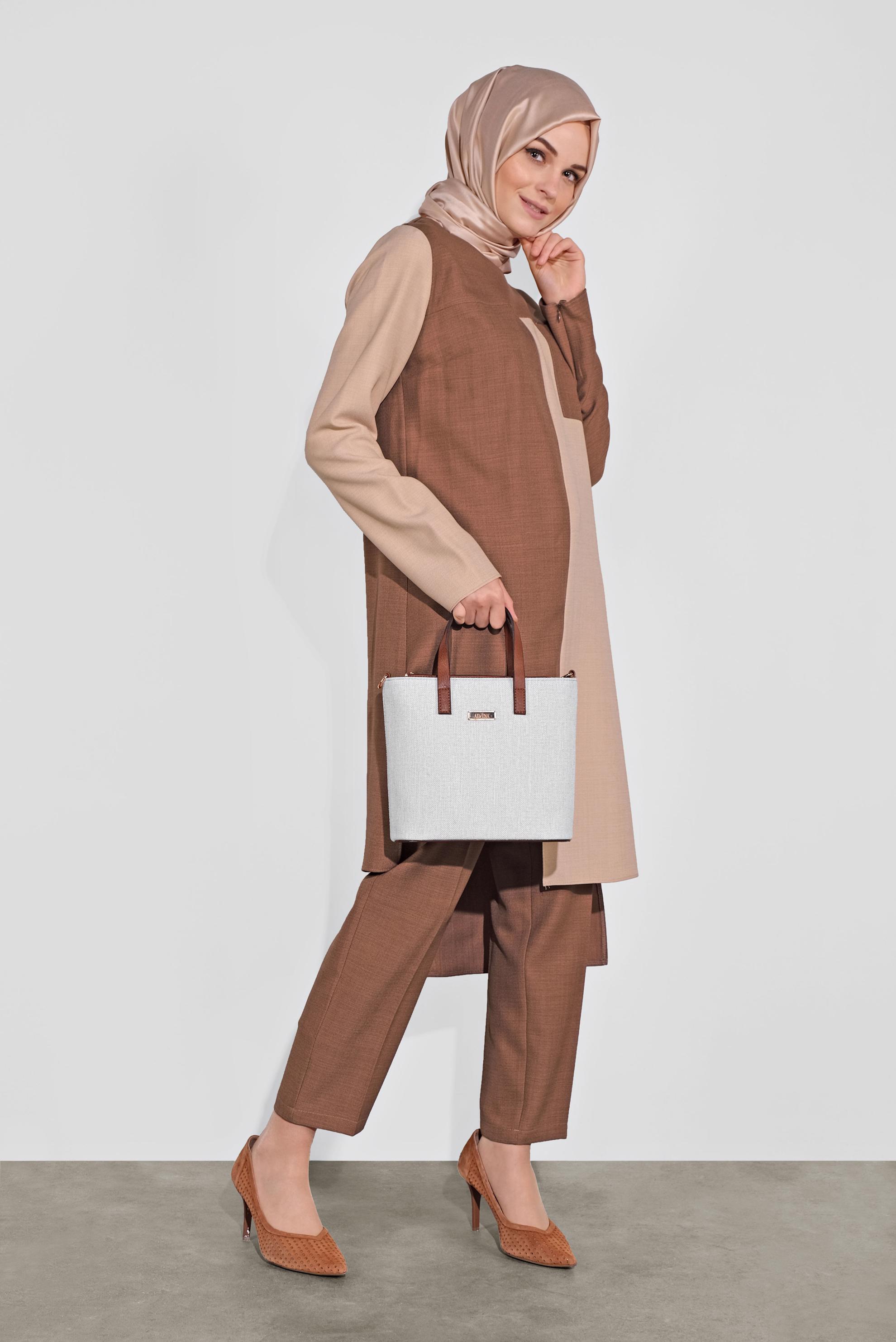 Tesettür giyim KAHVE ASİMETRİK KESİM PANTOLONLU TAKIM 41115