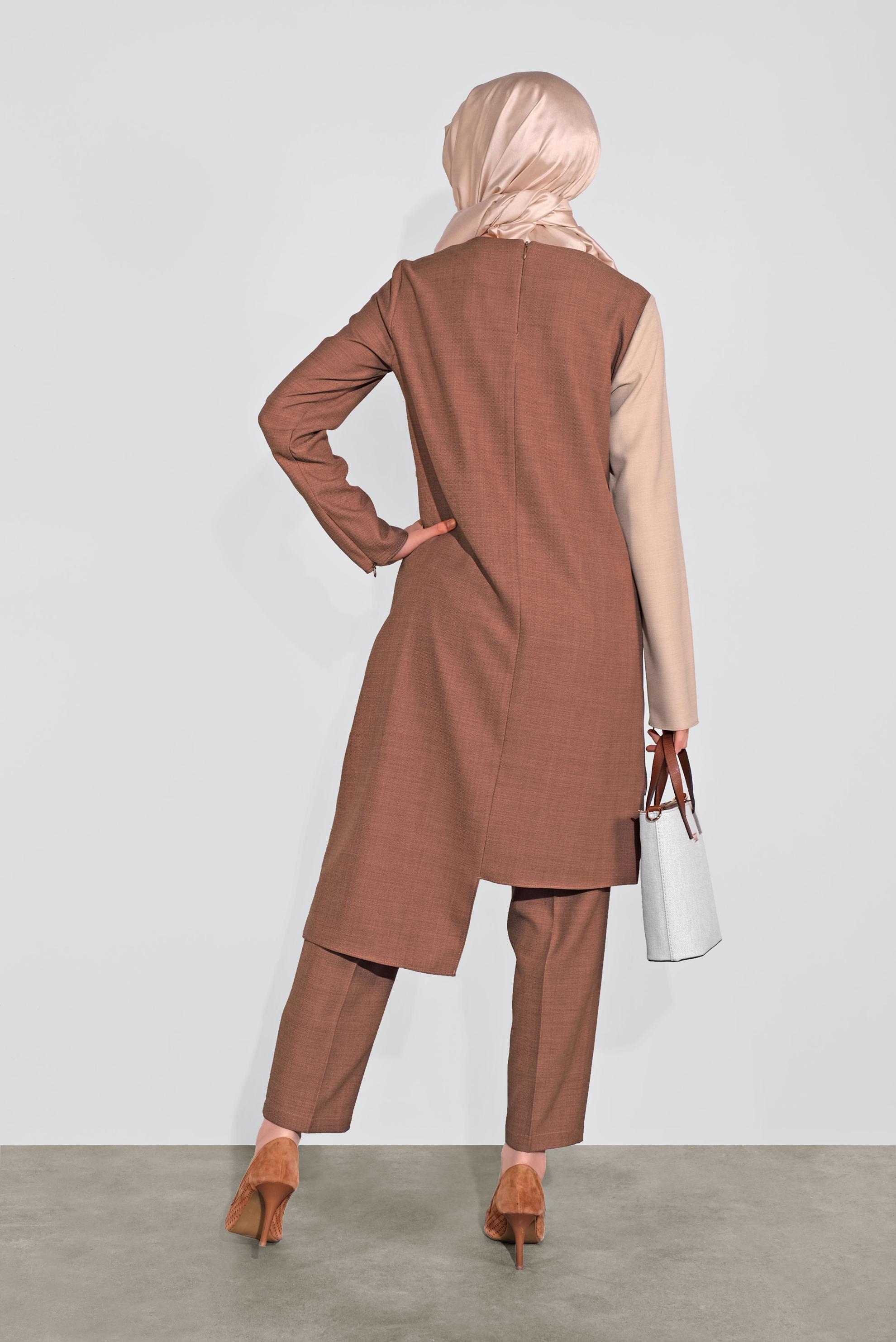 Tesettür giyim KAHVE ASİMETRİK KESİM PANTOLONLU TAKIM 41115