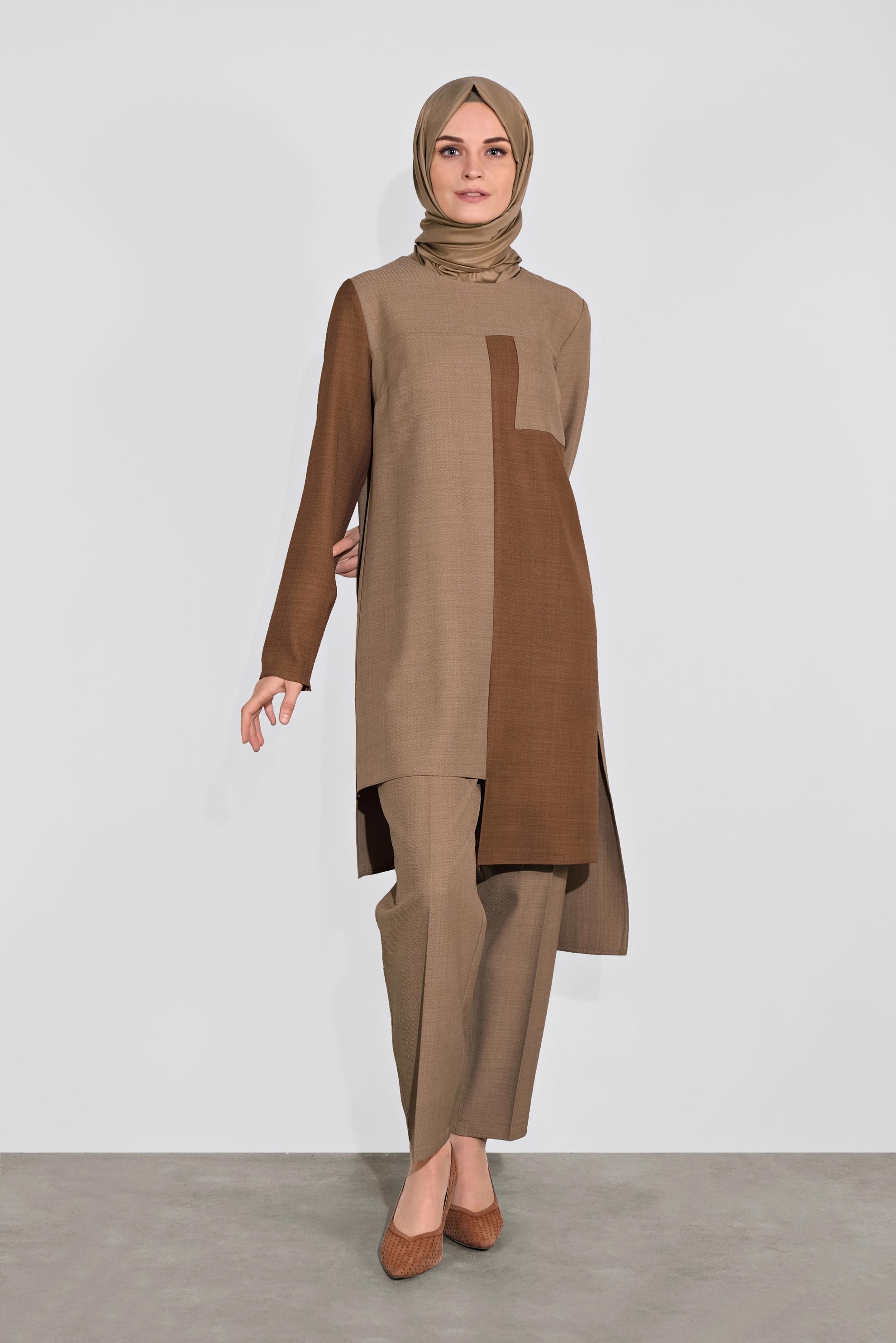Tesettür giyim KAHVE ASİMETRİK KESİM PANTOLONLU TAKIM 41115