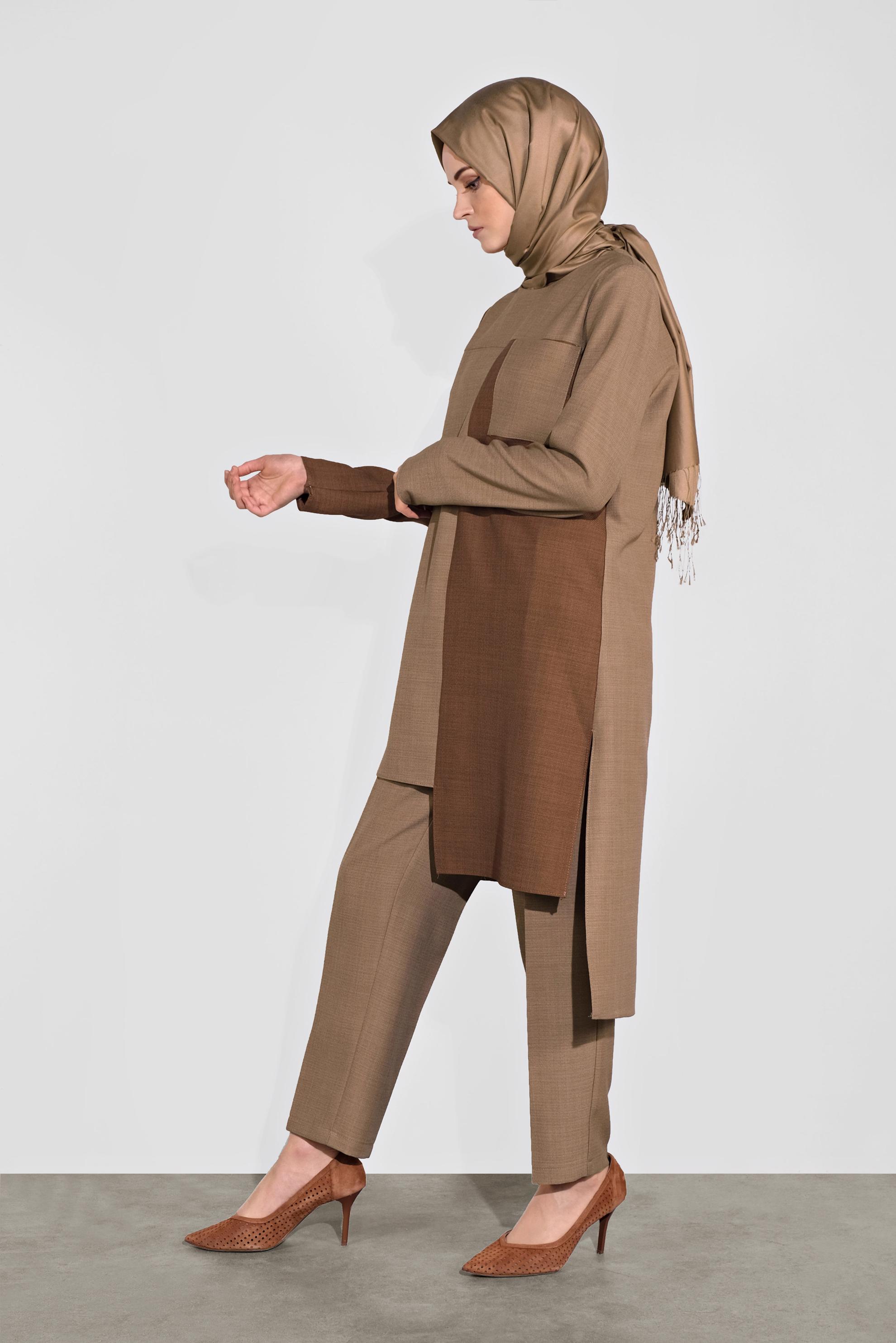 Tesettür giyim KAHVE ASİMETRİK KESİM PANTOLONLU TAKIM 41115