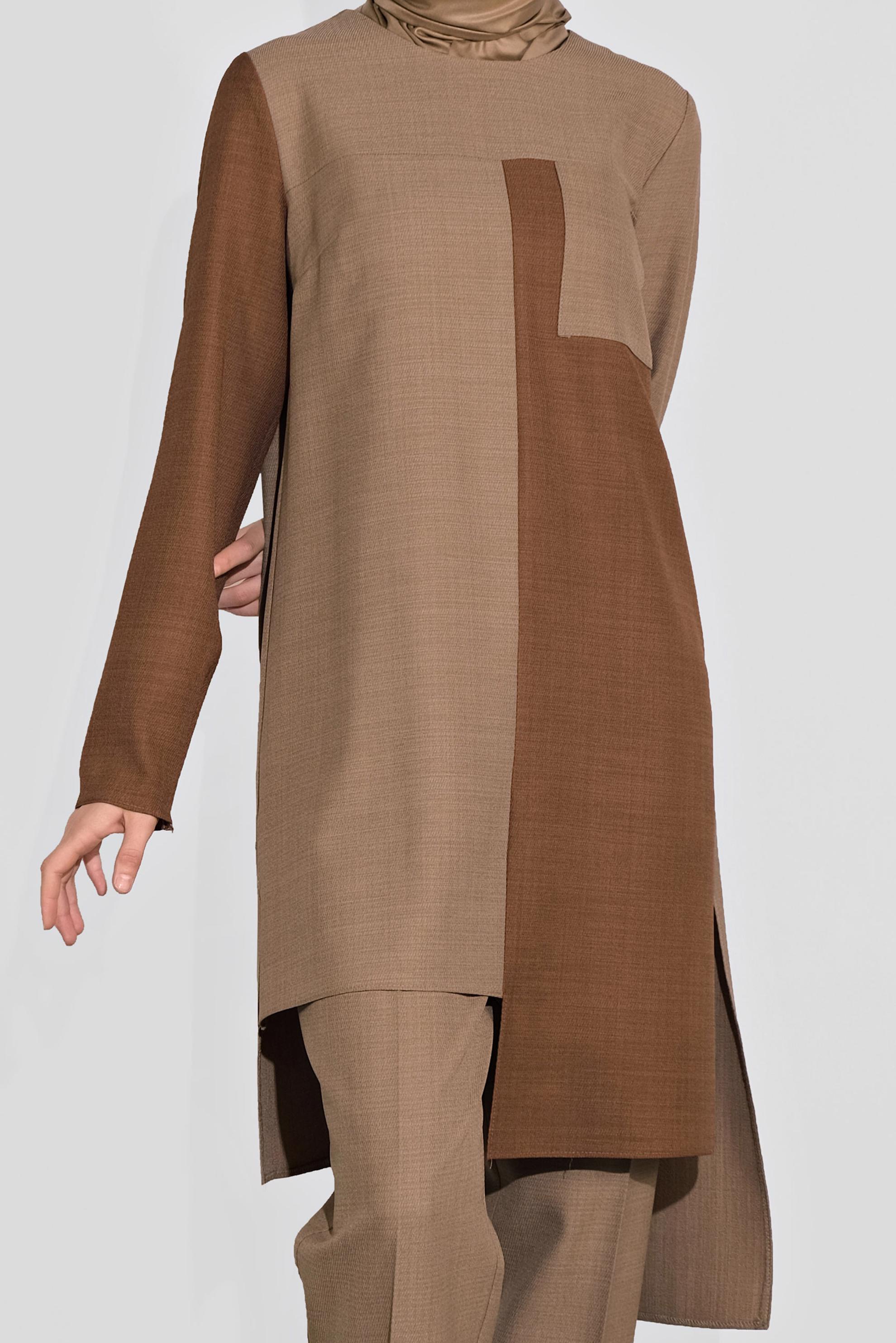 Tesettür giyim KAHVE ASİMETRİK KESİM PANTOLONLU TAKIM 41115