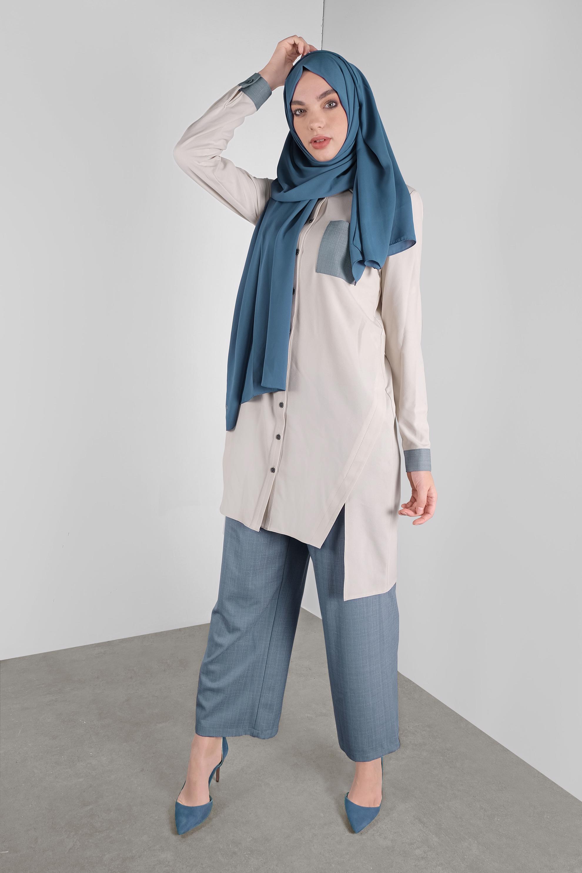 Tesettür giyim MAVİ ASİMETRİK KESİM DÜĞMELİ PANTOLONLU TAKIM 41116 