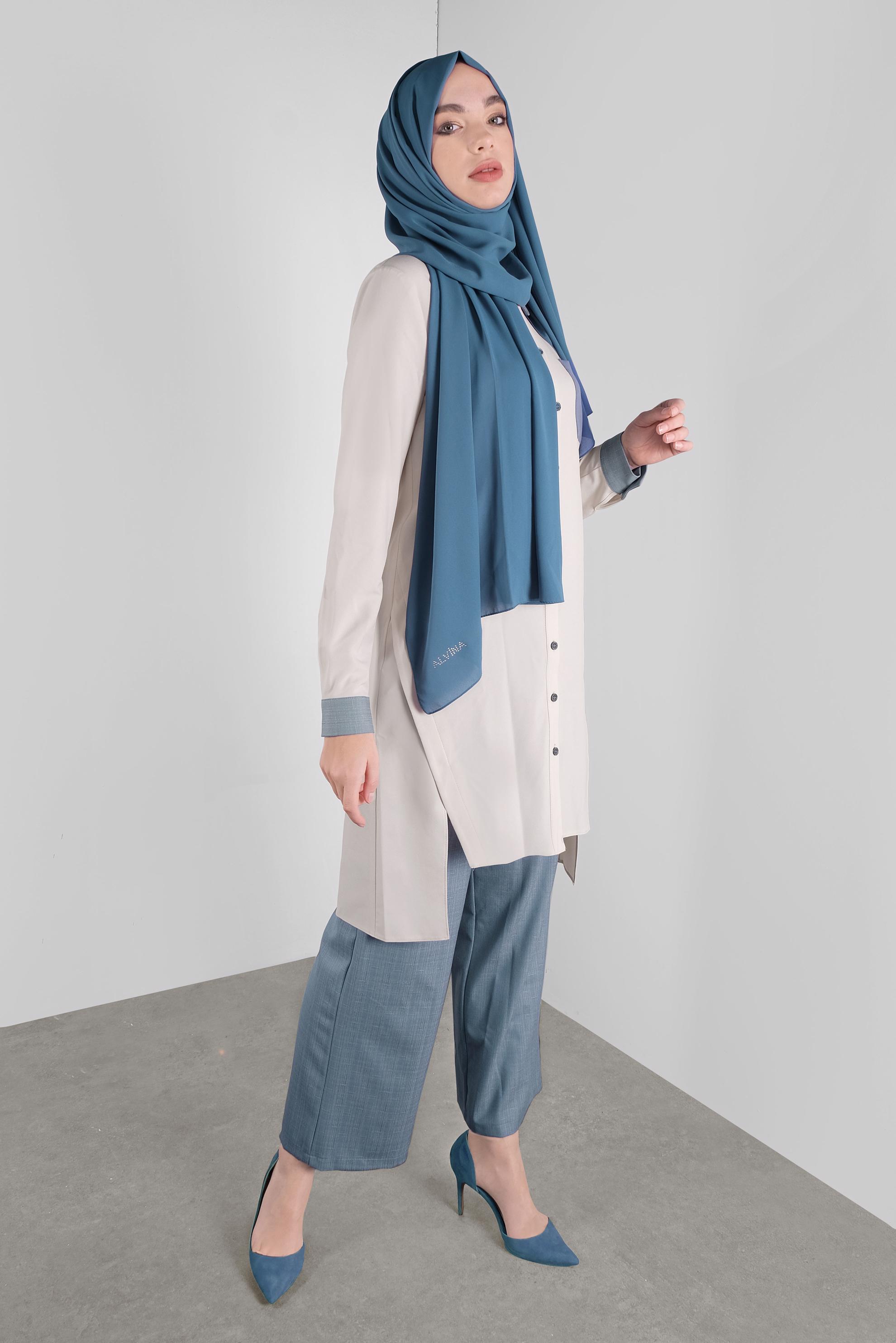 Tesettür giyim MAVİ ASİMETRİK KESİM DÜĞMELİ PANTOLONLU TAKIM 41116 