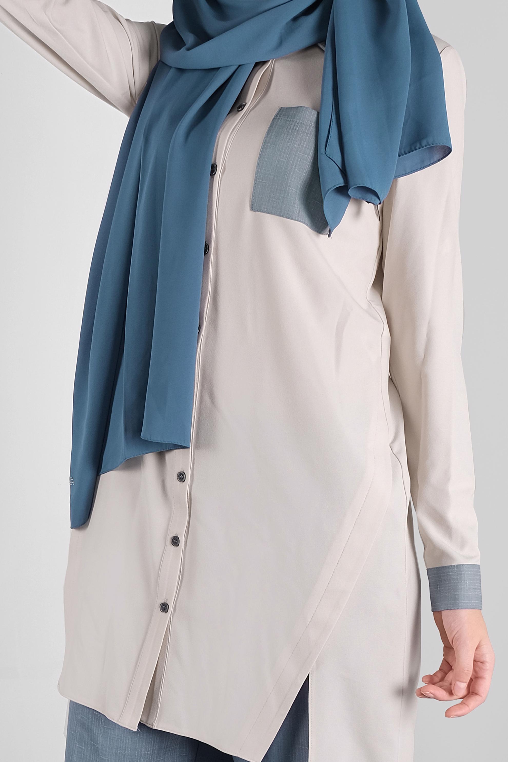 Tesettür giyim MAVİ ASİMETRİK KESİM DÜĞMELİ PANTOLONLU TAKIM 41116 