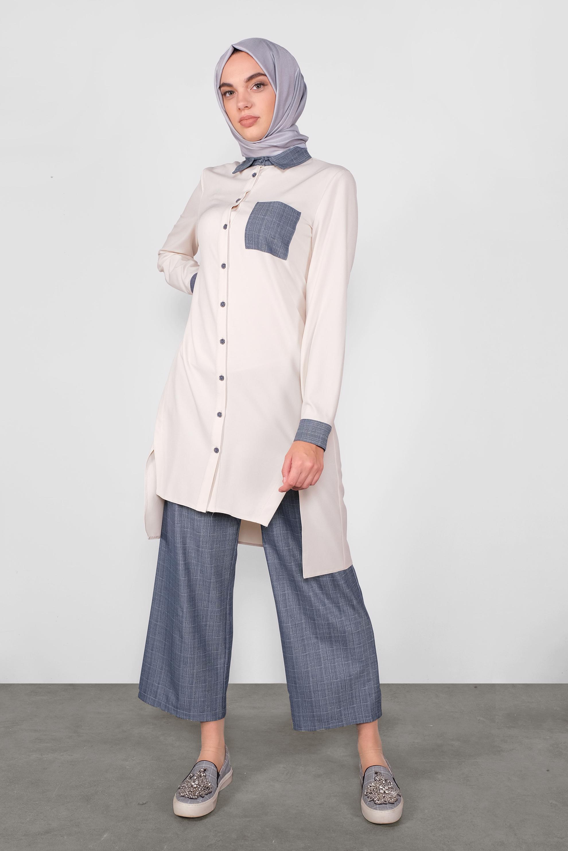 Tesettür giyim LACİVERT ASİMETRİK KESİM DÜĞMELİ PANTOLONLU TAKIM 41116 