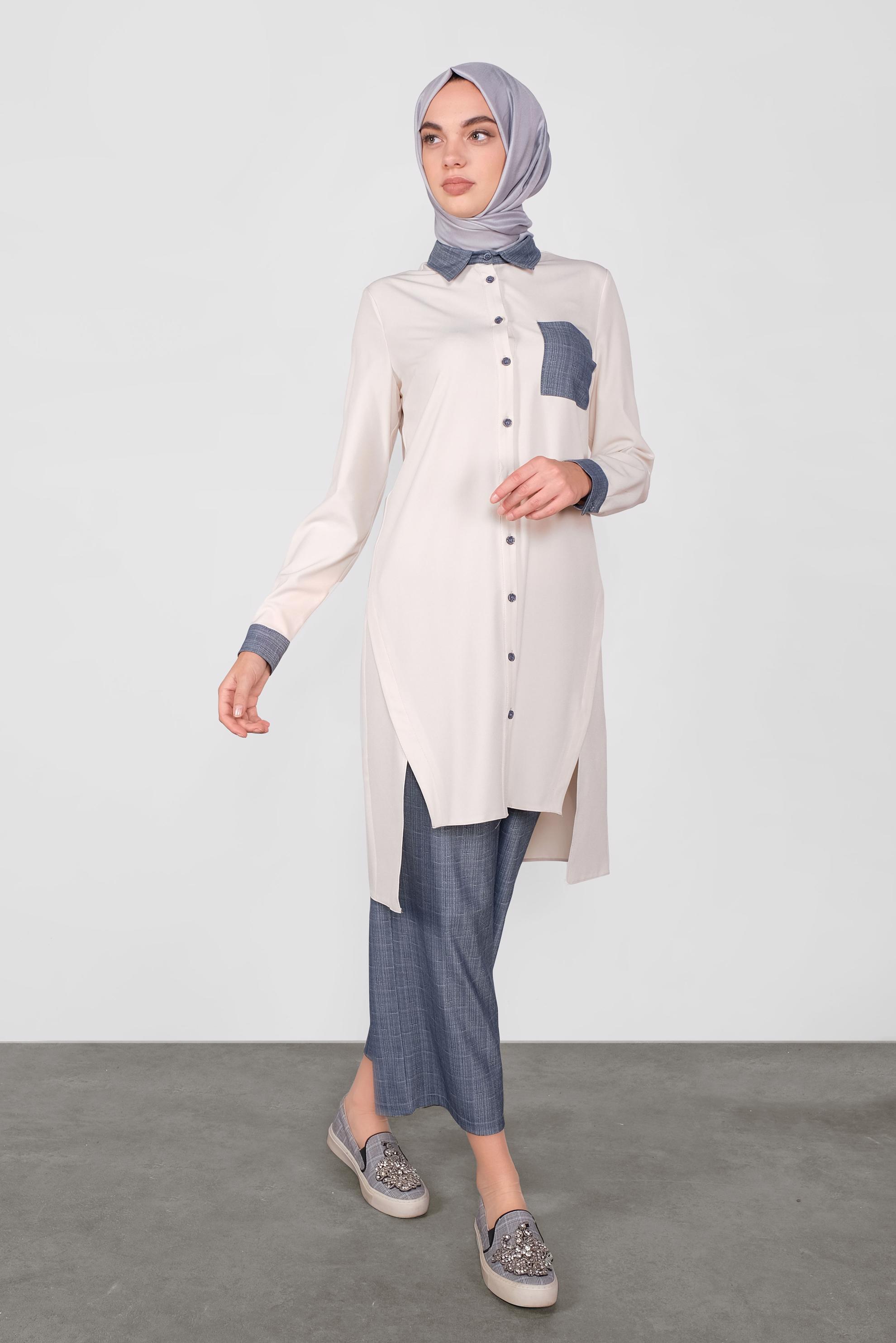 Tesettür giyim LACİVERT ASİMETRİK KESİM DÜĞMELİ PANTOLONLU TAKIM 41116 