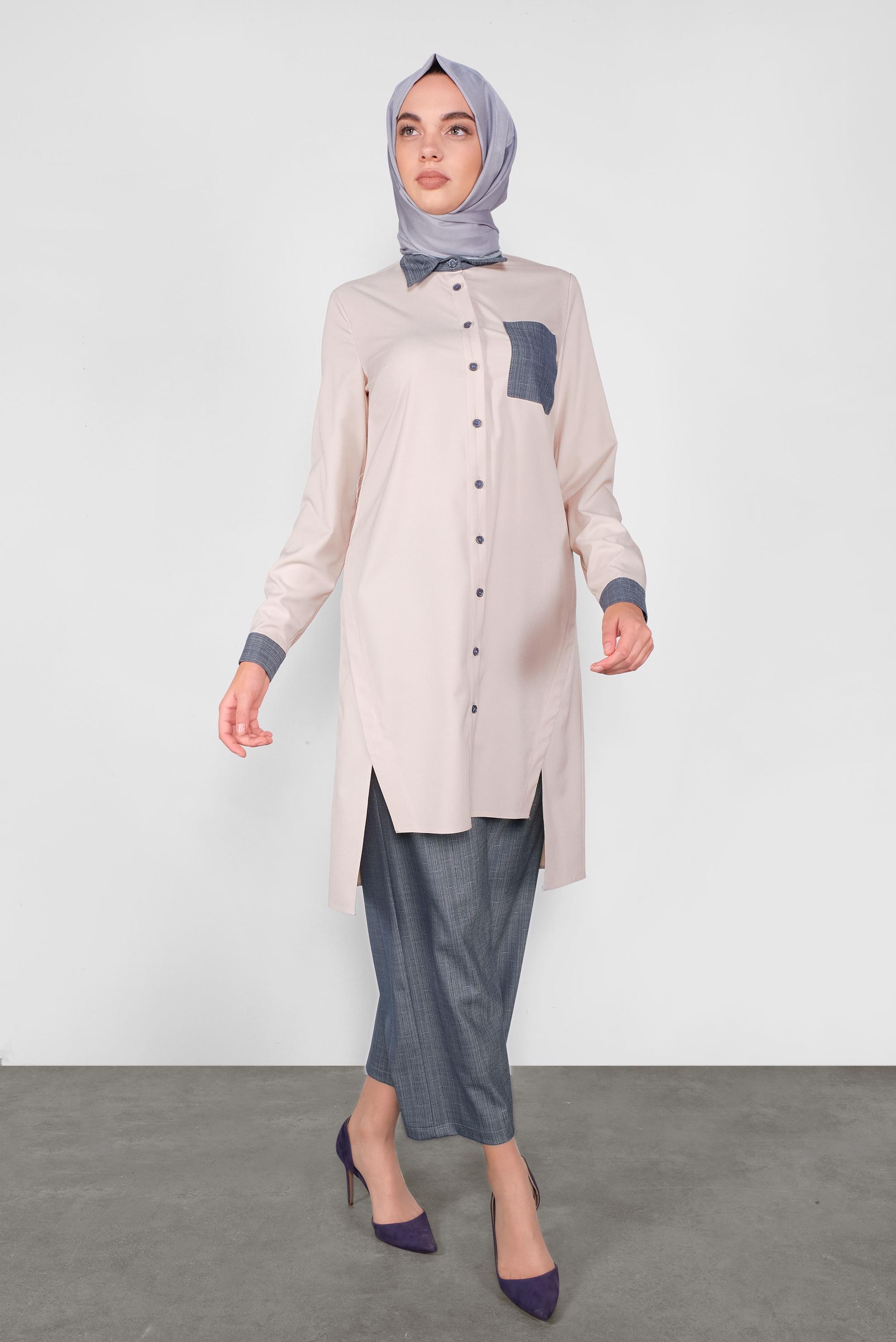 Tesettür giyim LACİVERT ASİMETRİK KESİM DÜĞMELİ PANTOLONLU TAKIM 41116 