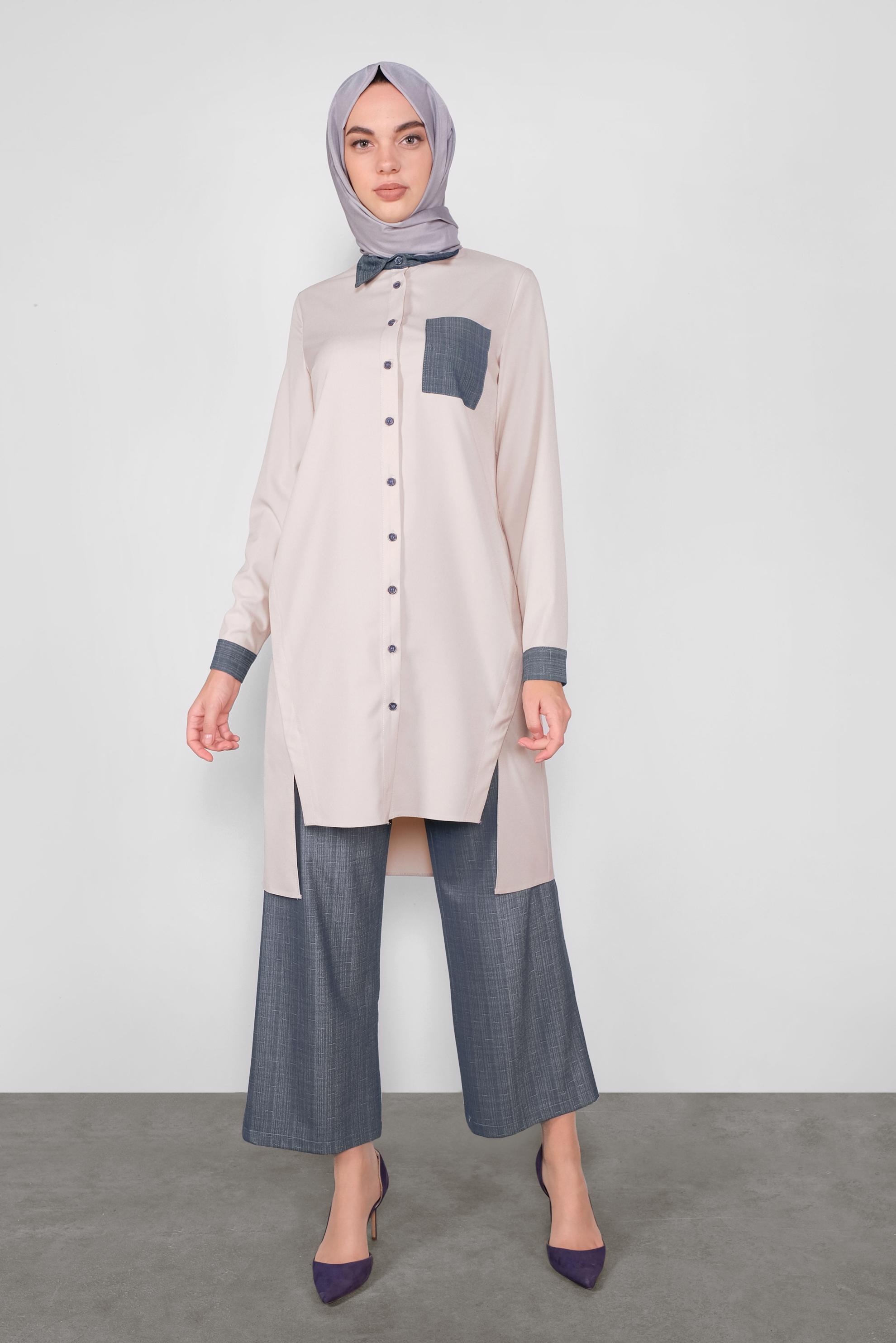 Tesettür giyim LACİVERT ASİMETRİK KESİM DÜĞMELİ PANTOLONLU TAKIM 41116 