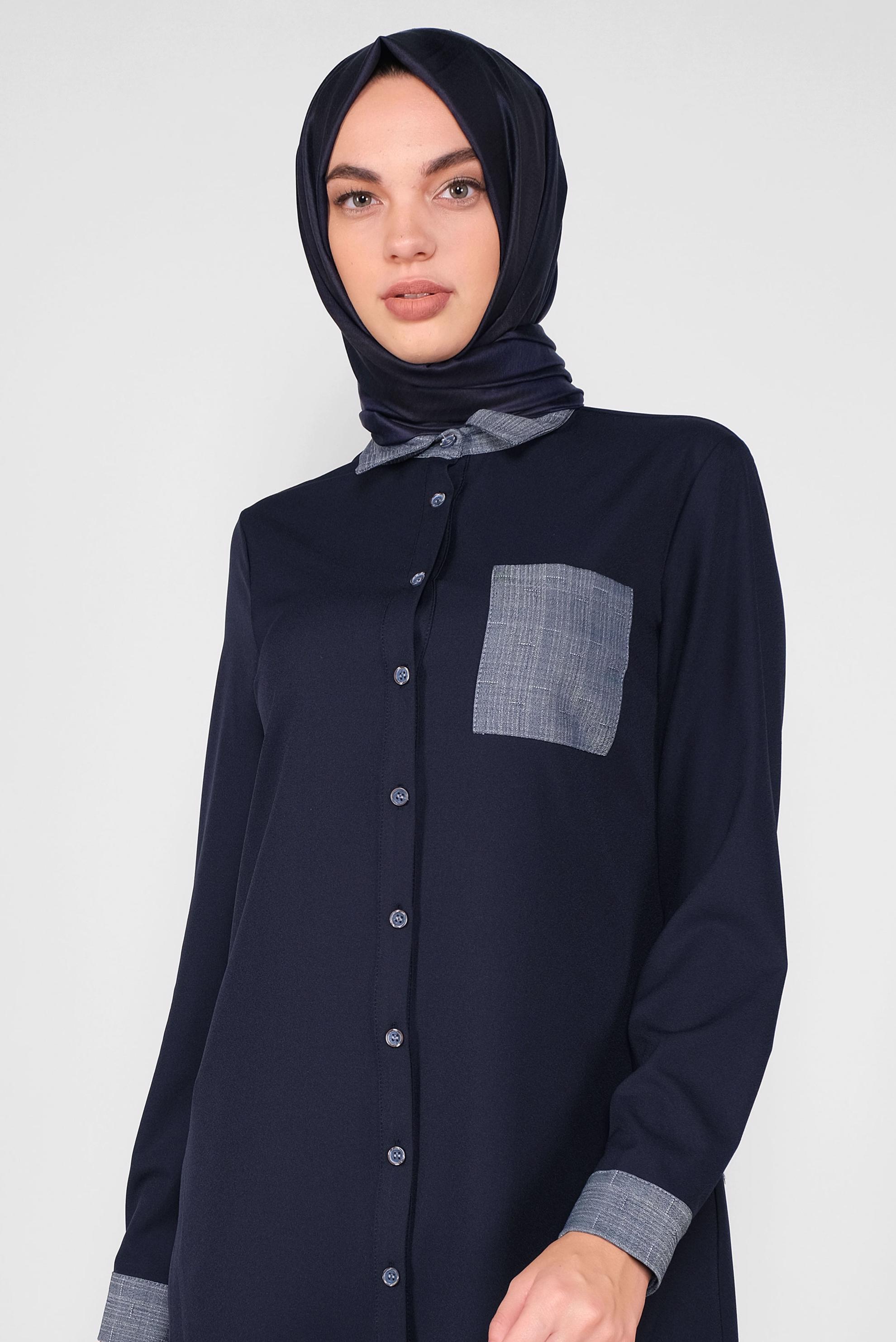 Tesettür giyim LACİVERT ASİMETRİK KESİM DÜĞMELİ PANTOLONLU TAKIM 41116 