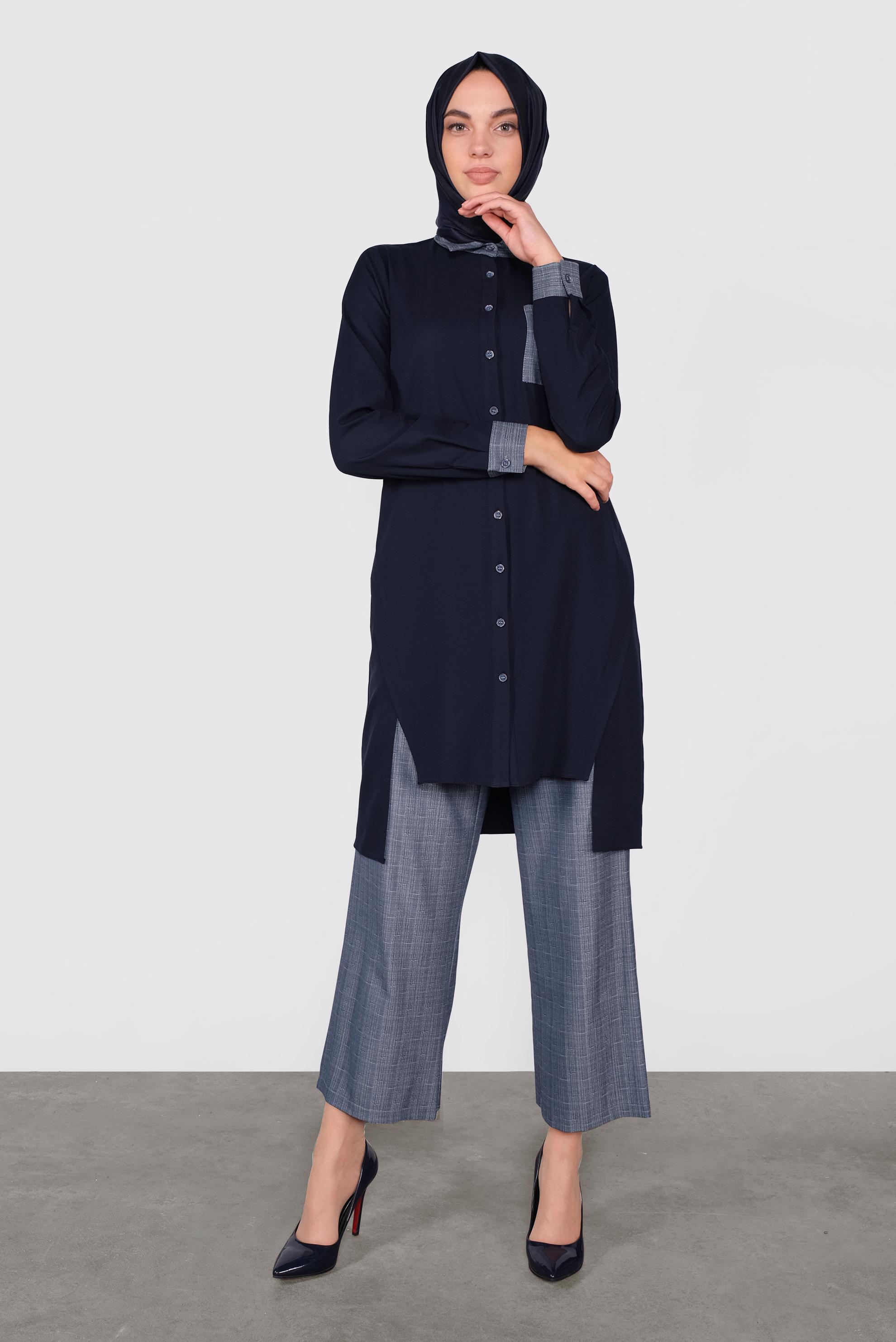 Tesettür giyim LACİVERT ASİMETRİK KESİM DÜĞMELİ PANTOLONLU TAKIM 41116 