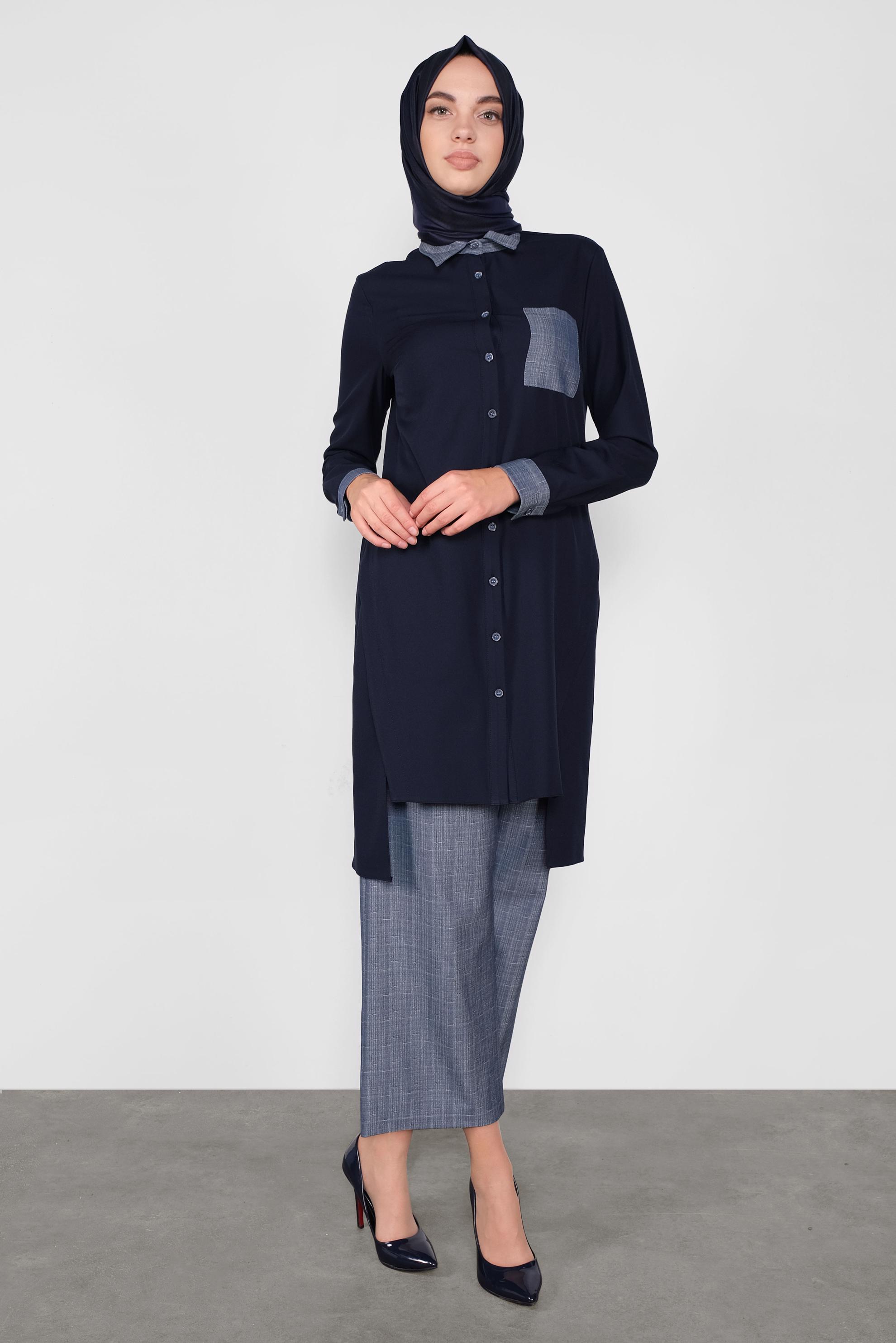 Tesettür giyim LACİVERT ASİMETRİK KESİM DÜĞMELİ PANTOLONLU TAKIM 41116 