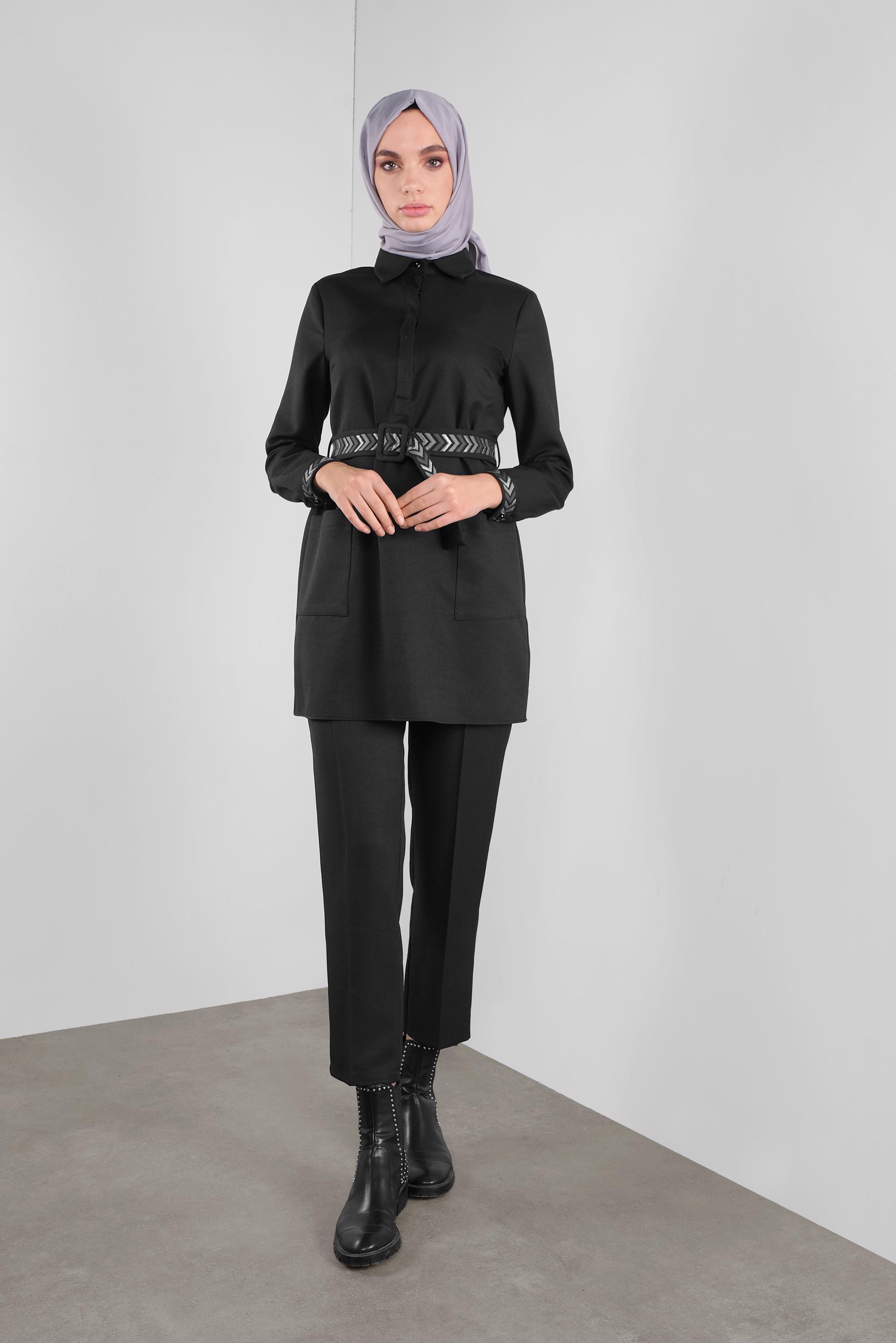 Tesettür giyim SİYAH  NAKIŞ DETAYLI İKİLİ PANTOLONLU TAKIM 41130 