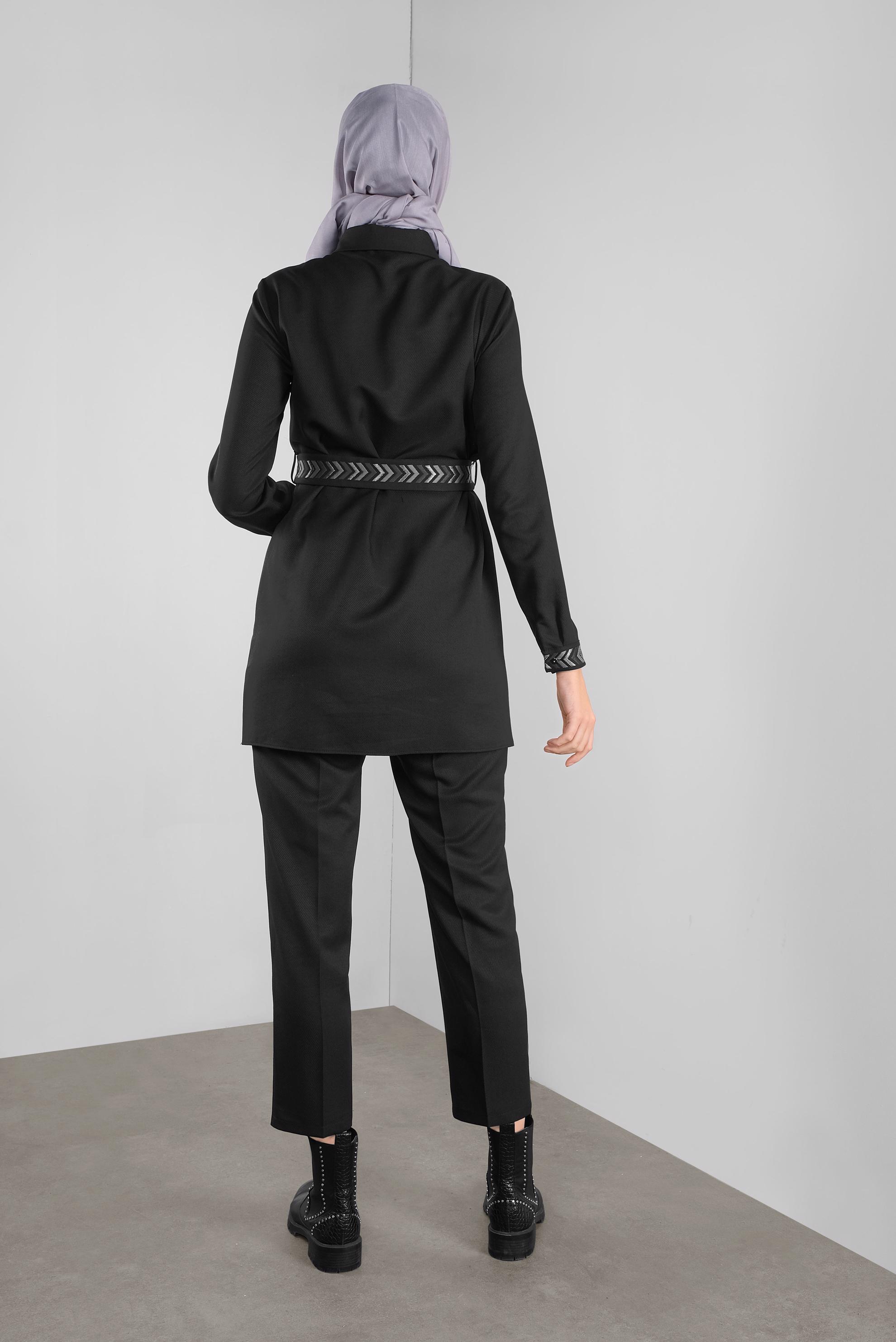 Tesettür giyim SİYAH  NAKIŞ DETAYLI İKİLİ PANTOLONLU TAKIM 41130 