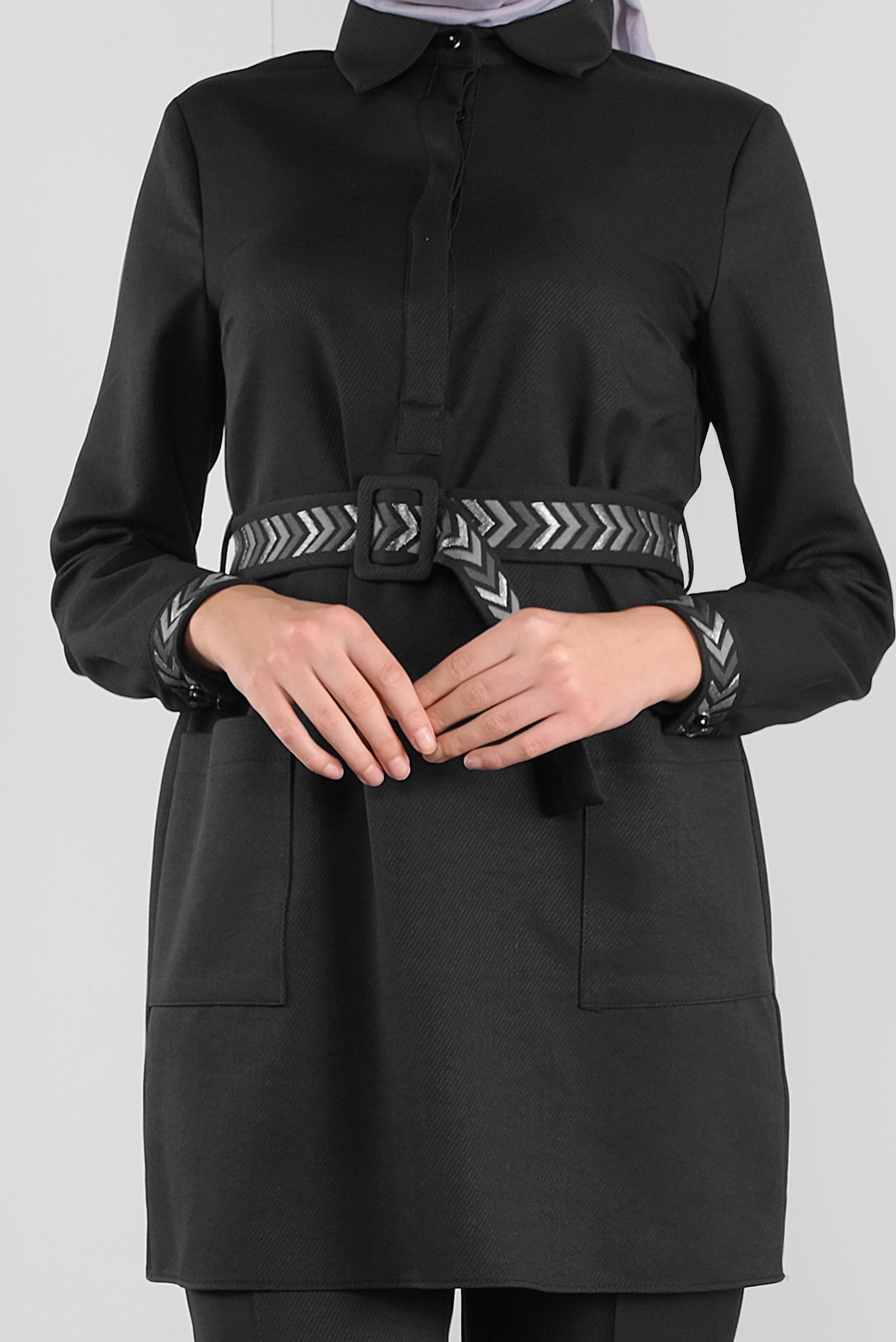 Tesettür giyim SİYAH  NAKIŞ DETAYLI İKİLİ PANTOLONLU TAKIM 41130 