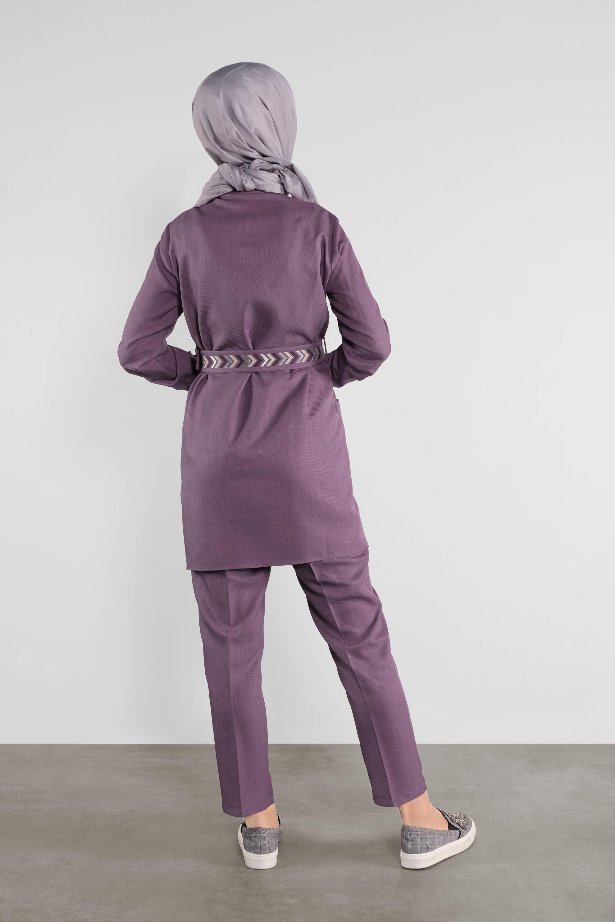 Tesettür giyim MOR  NAKIŞ DETAYLI İKİLİ PANTOLONLU TAKIM 41130 