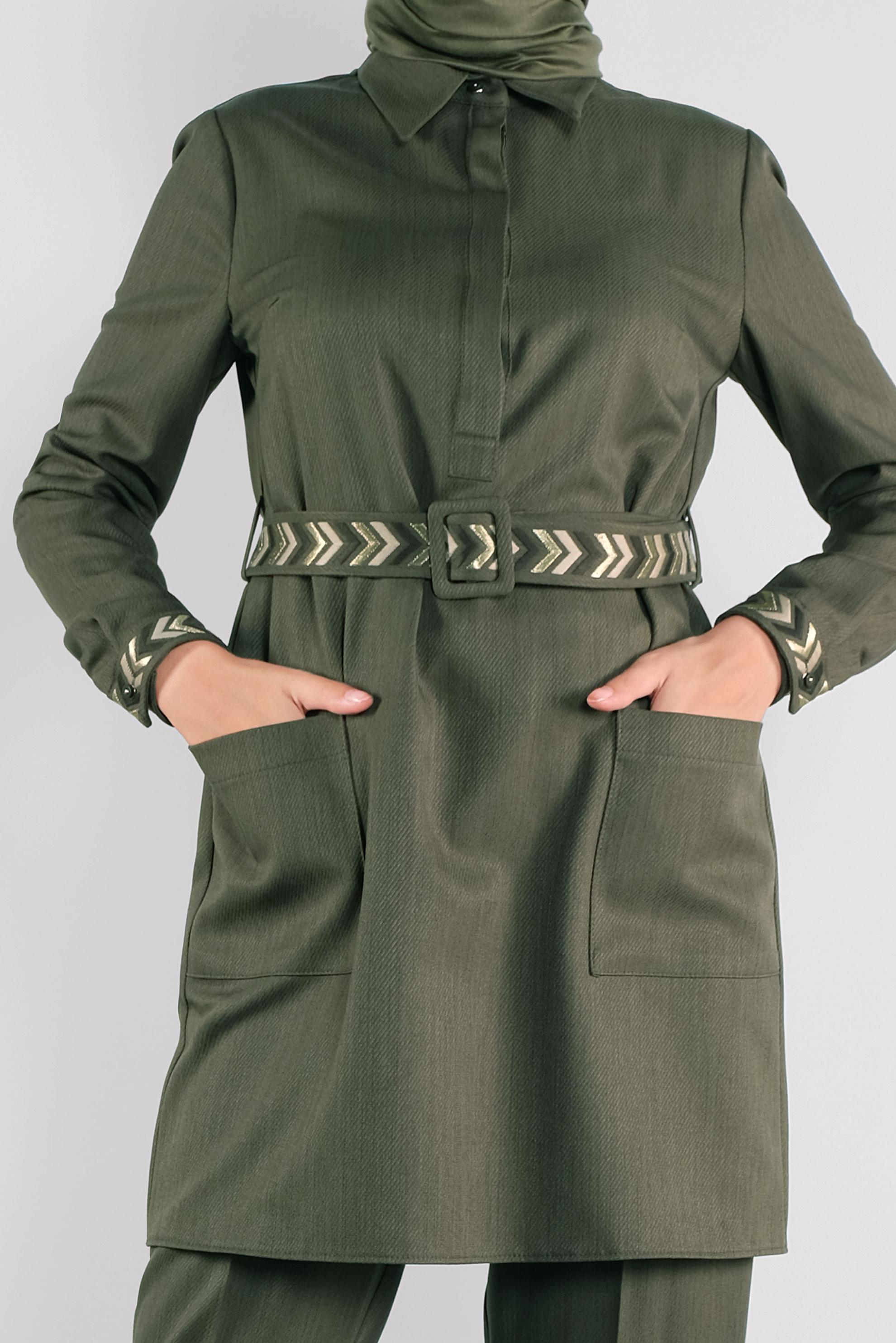 Tesettür giyim HAKİ  NAKIŞ DETAYLI İKİLİ PANTOLONLU TAKIM 41130 