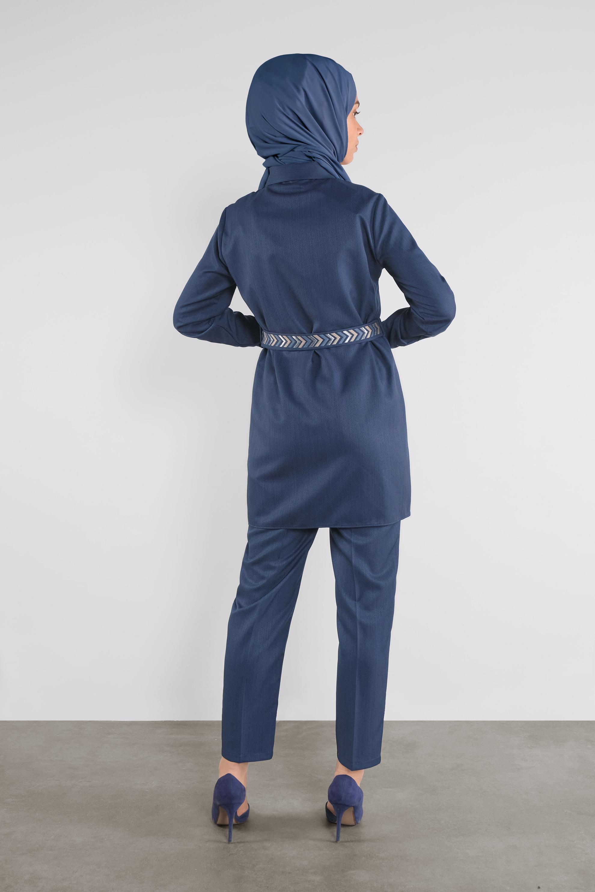 Tesettür giyim LACİVERT  NAKIŞ DETAYLI İKİLİ PANTOLONLU TAKIM 41130 