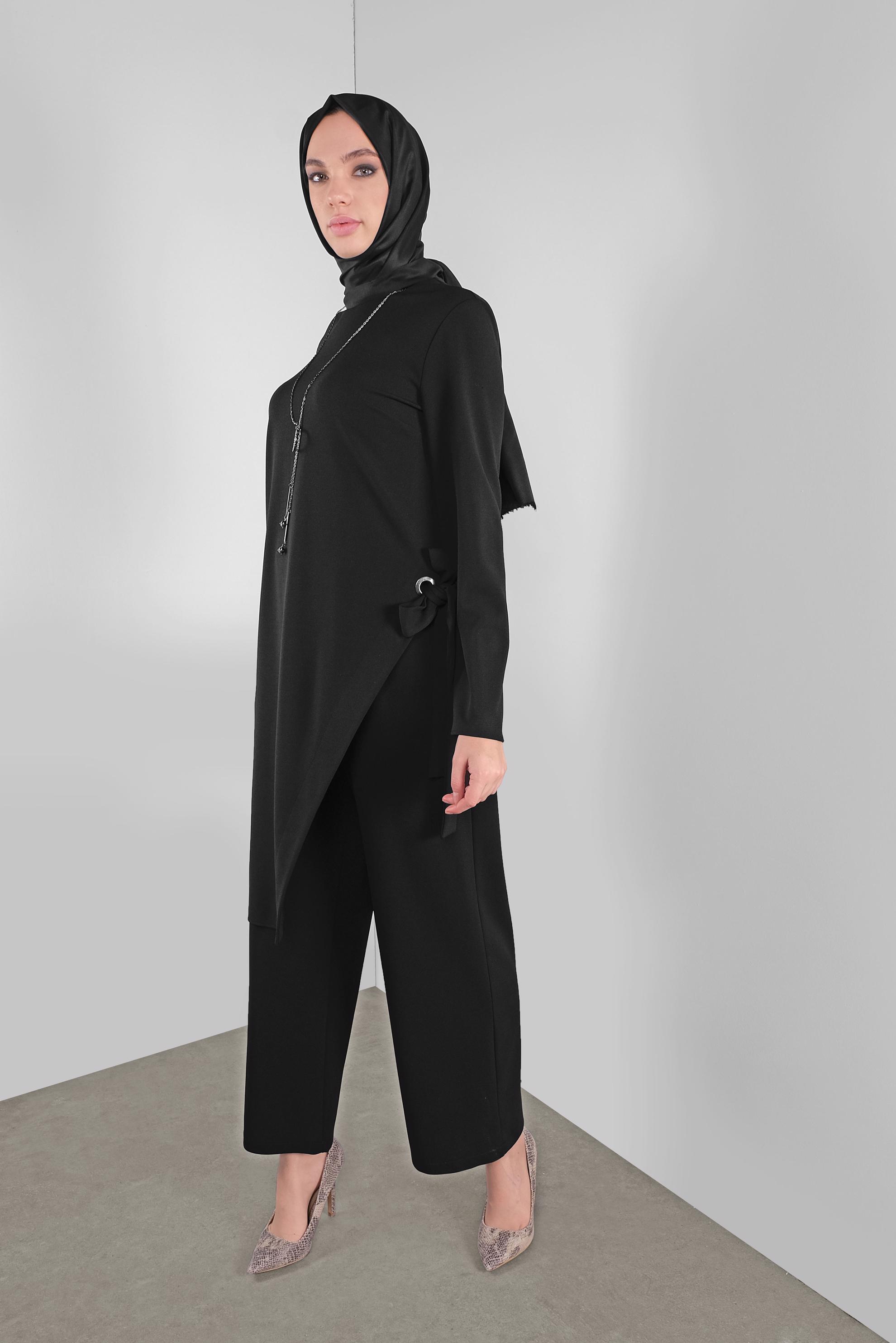 Tesettür giyim SİYAH FİYONK DETAYLI İKİLİ TAKIM 41131