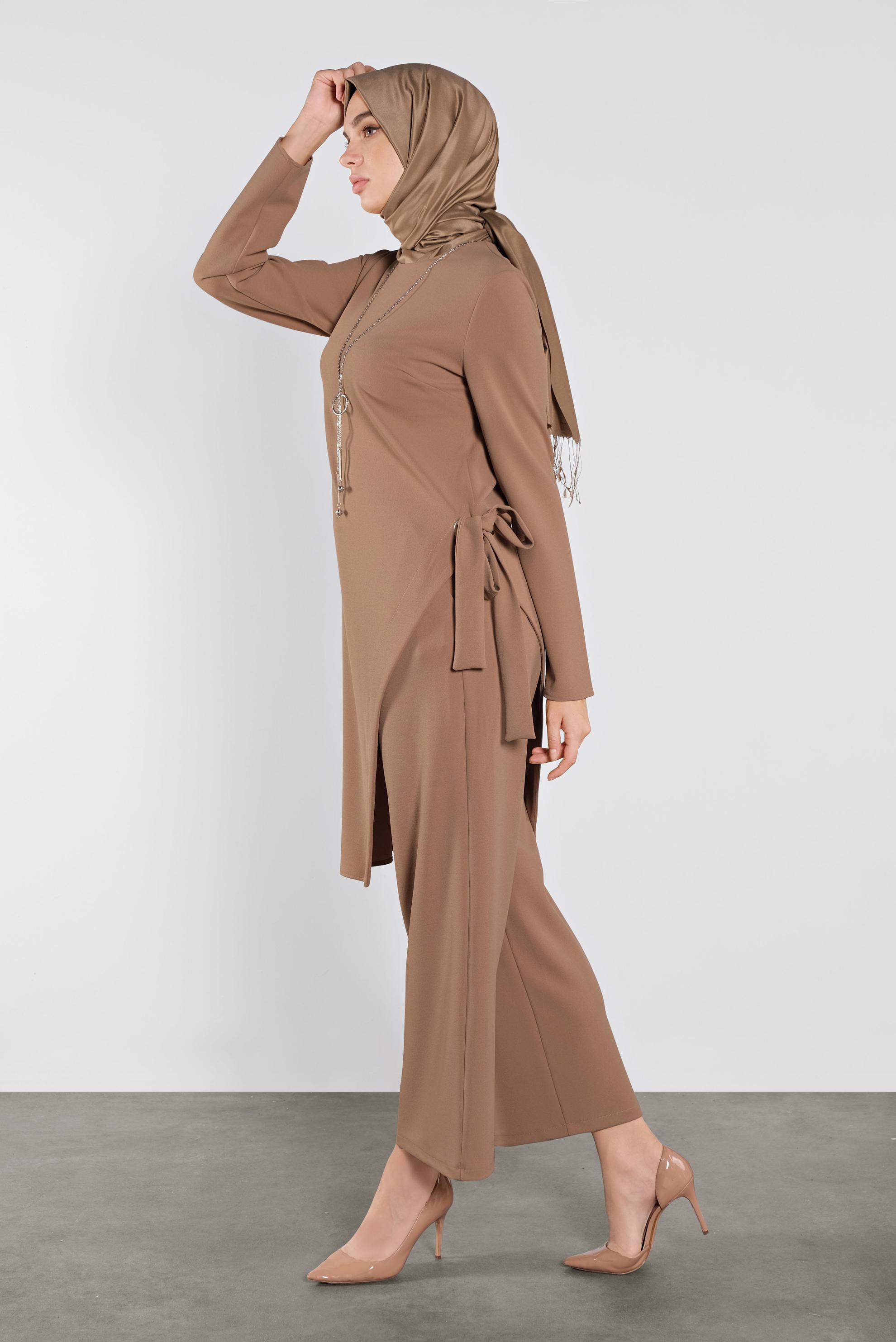 Tesettür giyim KAHVE FİYONK DETAYLI İKİLİ TAKIM 41131