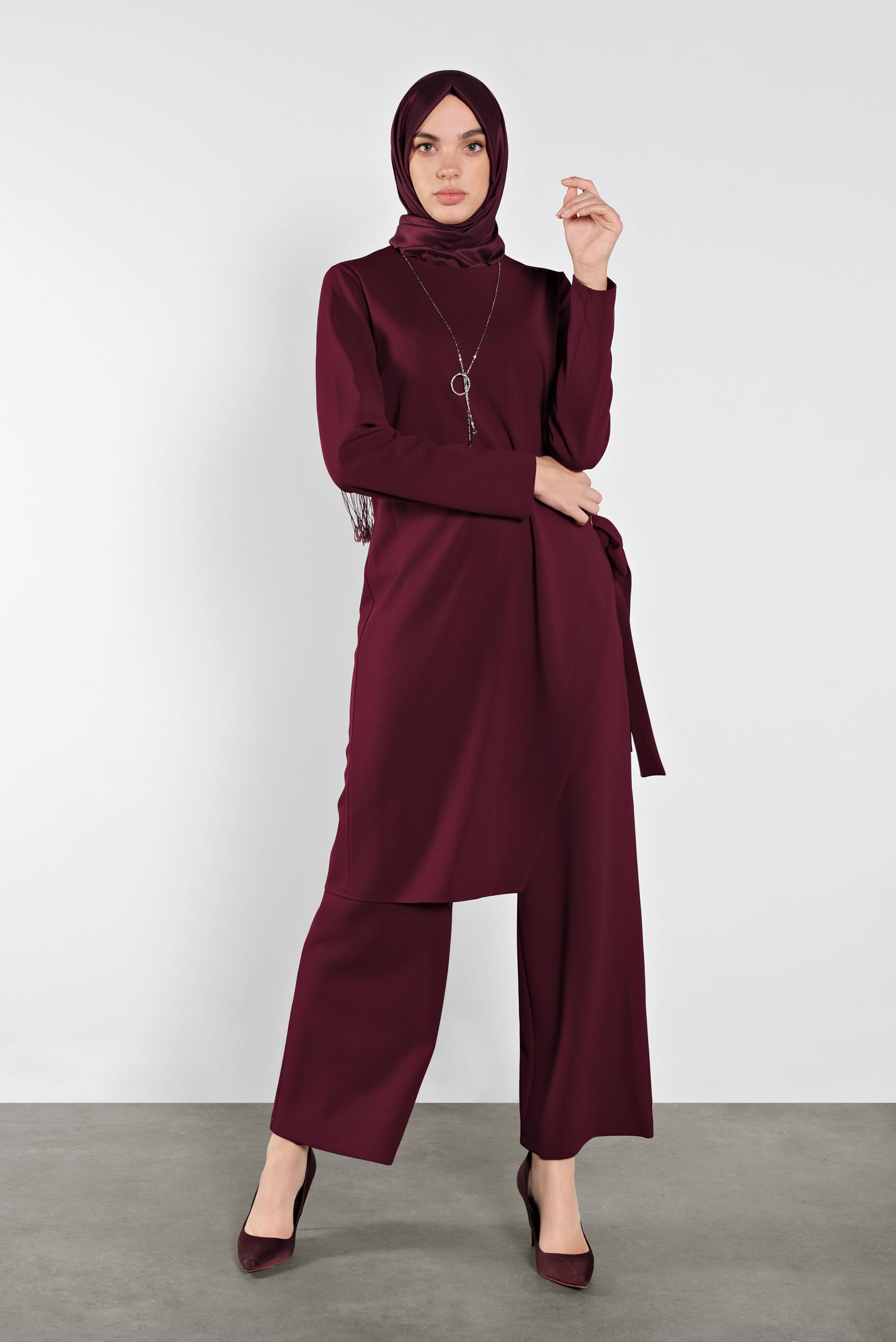 Tesettür giyim BORDO FİYONK DETAYLI İKİLİ TAKIM 41131