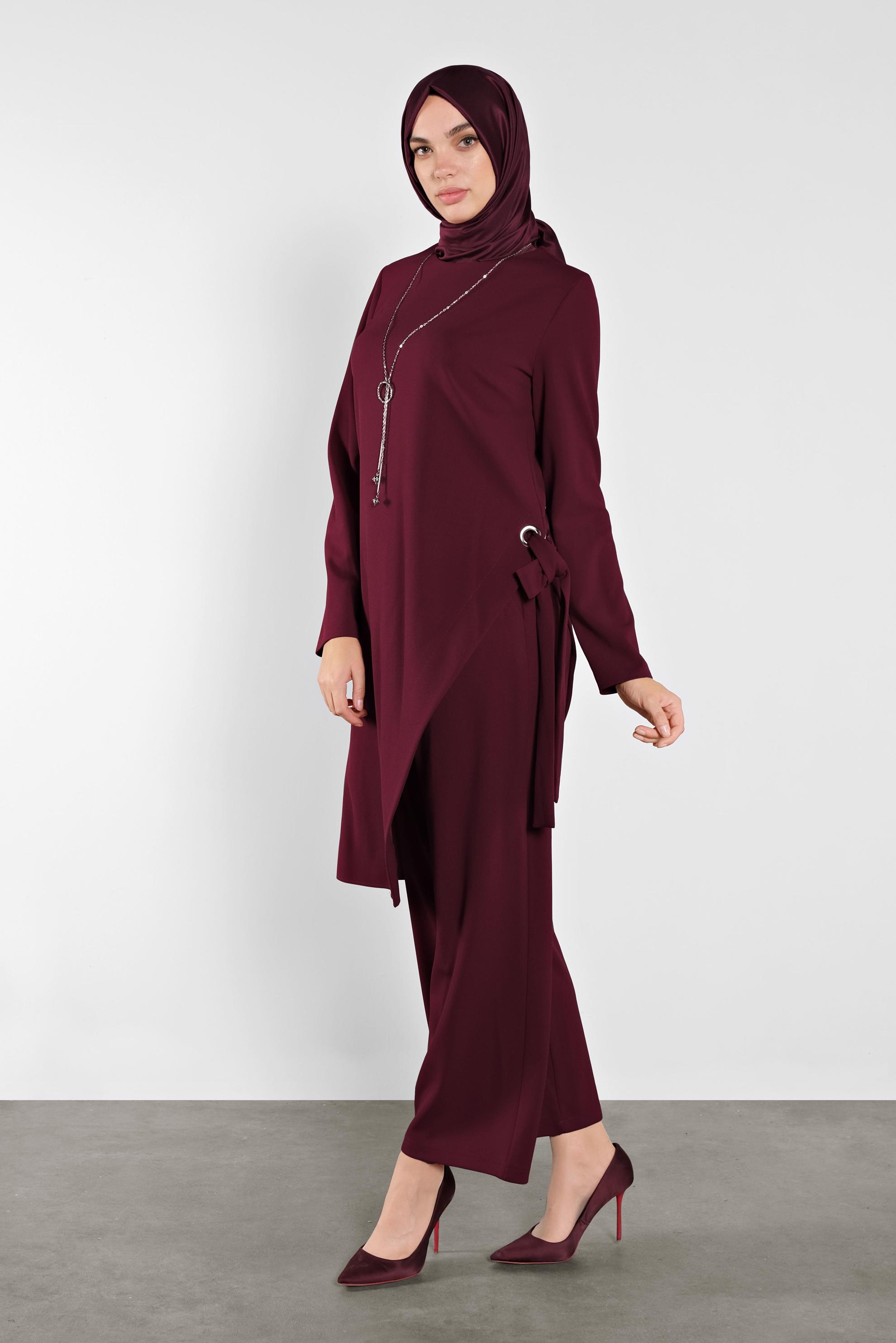 Tesettür giyim BORDO FİYONK DETAYLI İKİLİ TAKIM 41131