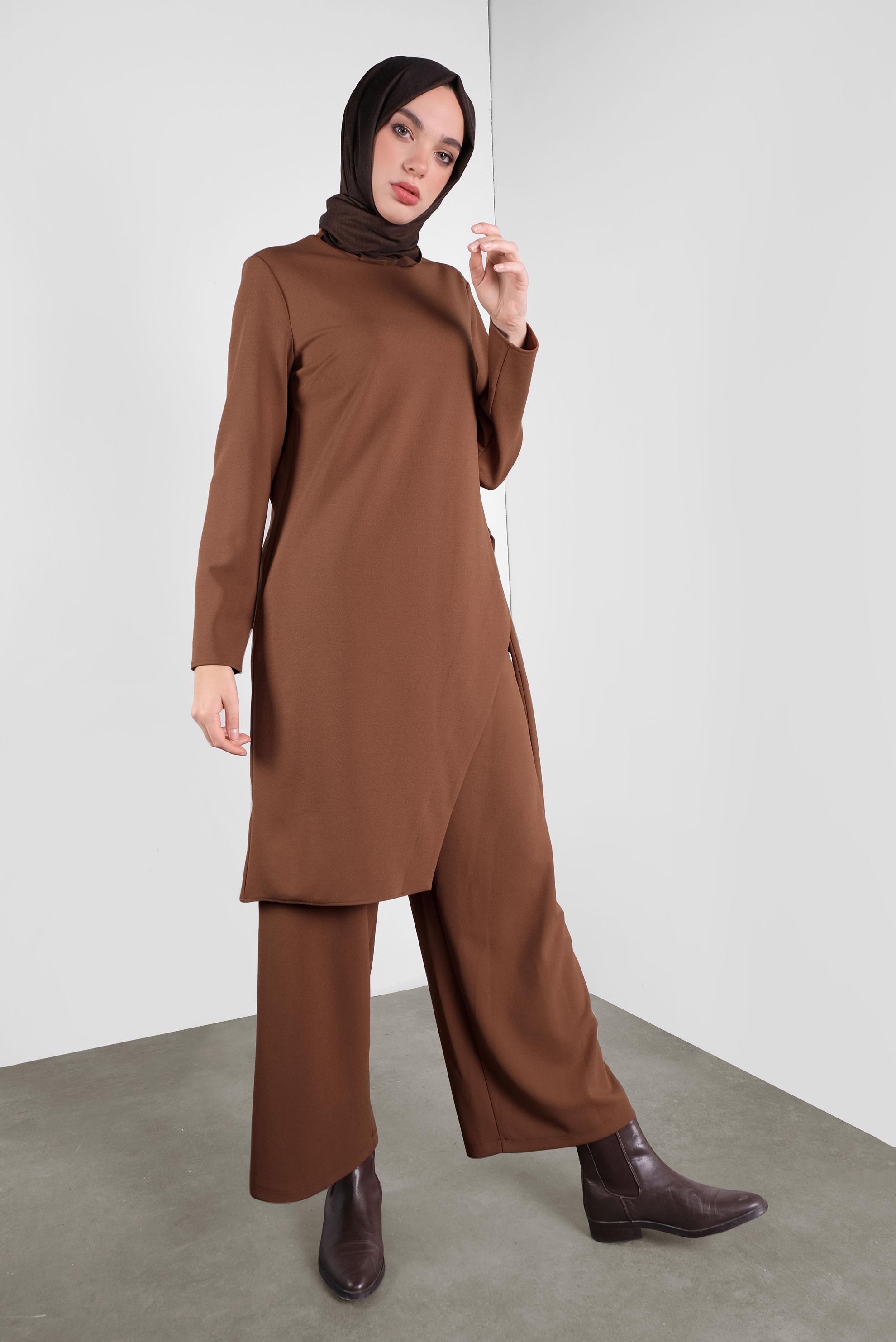 Tesettür giyim KAHVE FİYONK DETAYLI İKİLİ TAKIM 41131