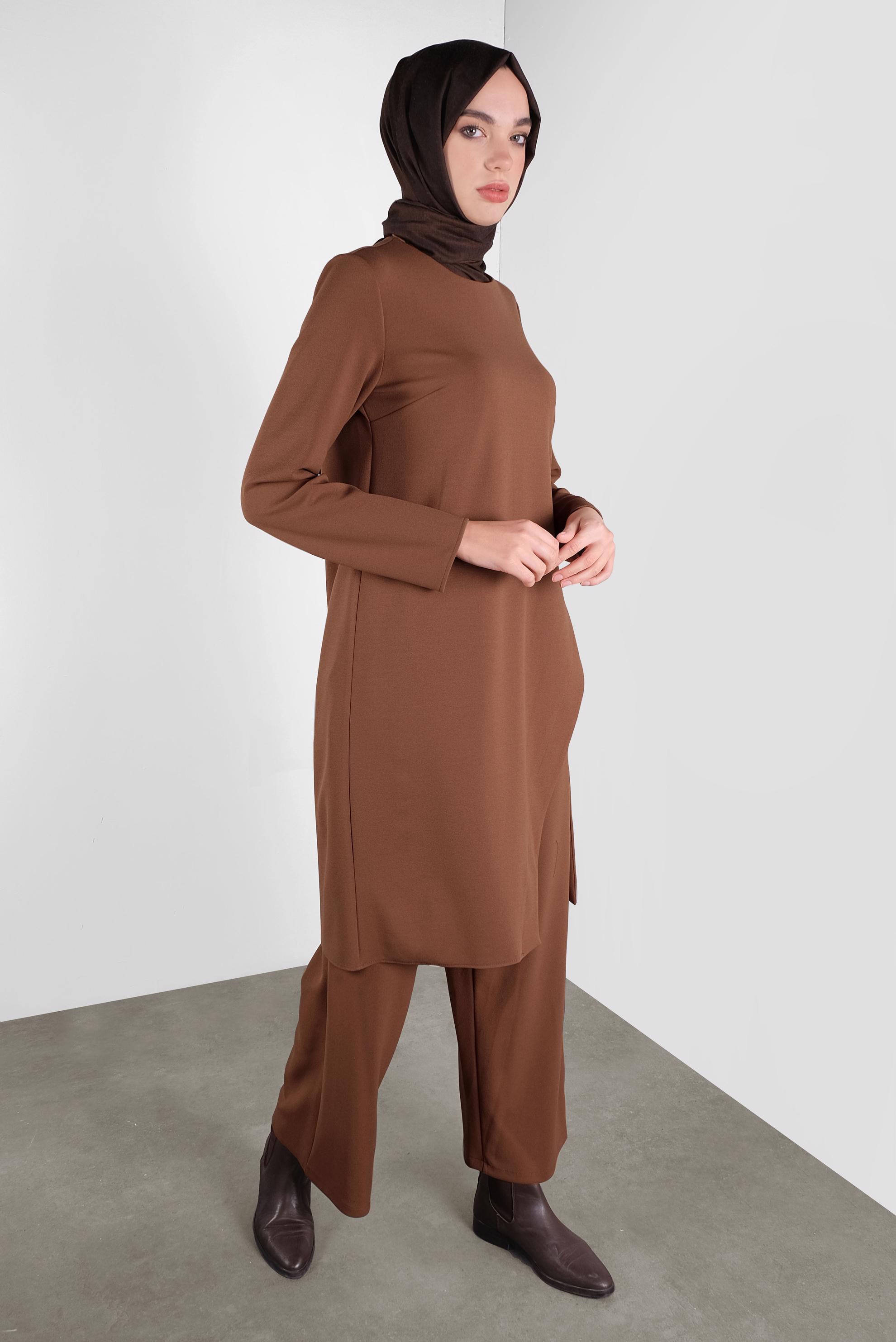 Tesettür giyim KAHVE FİYONK DETAYLI İKİLİ TAKIM 41131