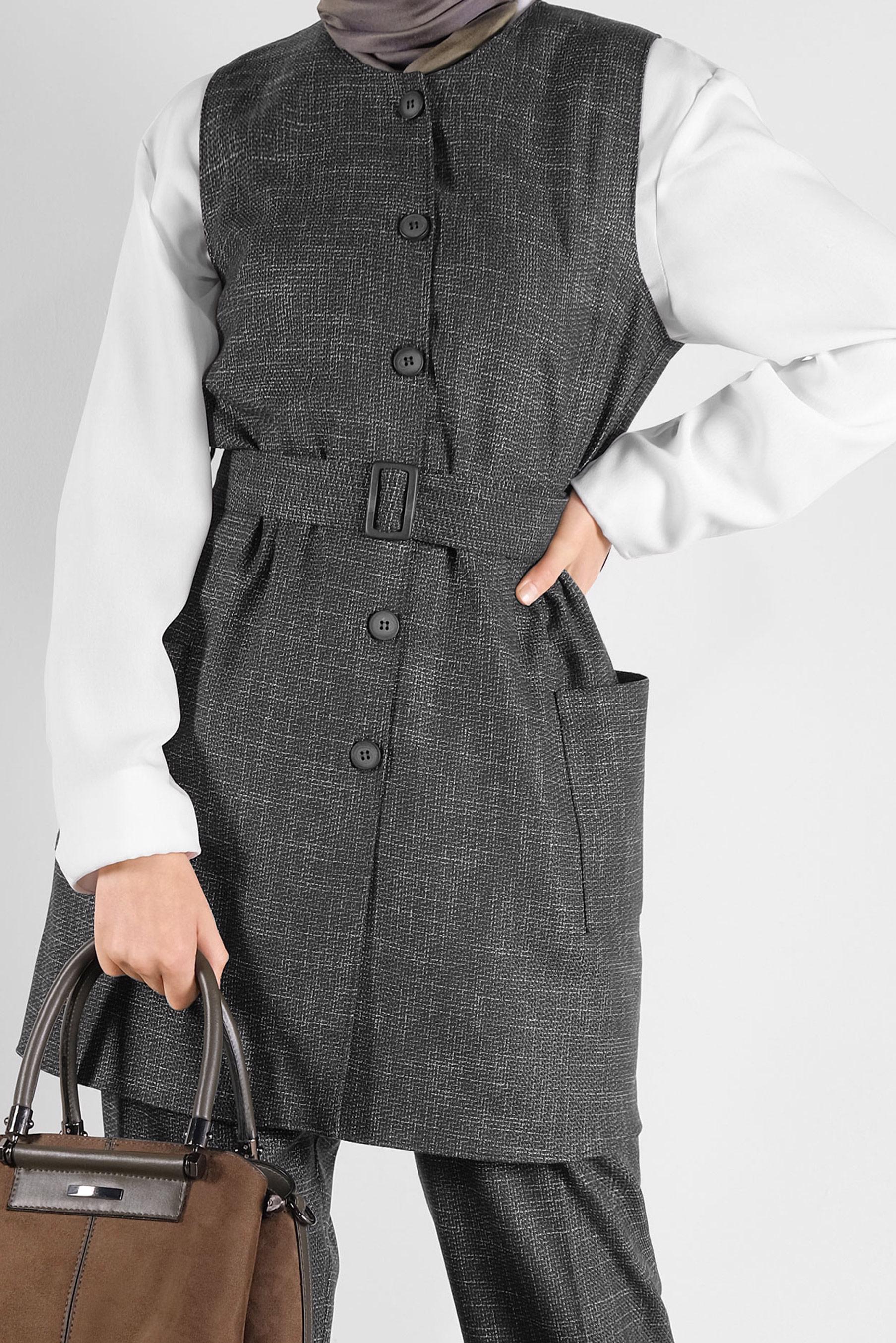 Tesettür giyim SİYAH DÜĞMELİ KEMERLİ PANTOLONLU TAKIM 41147 