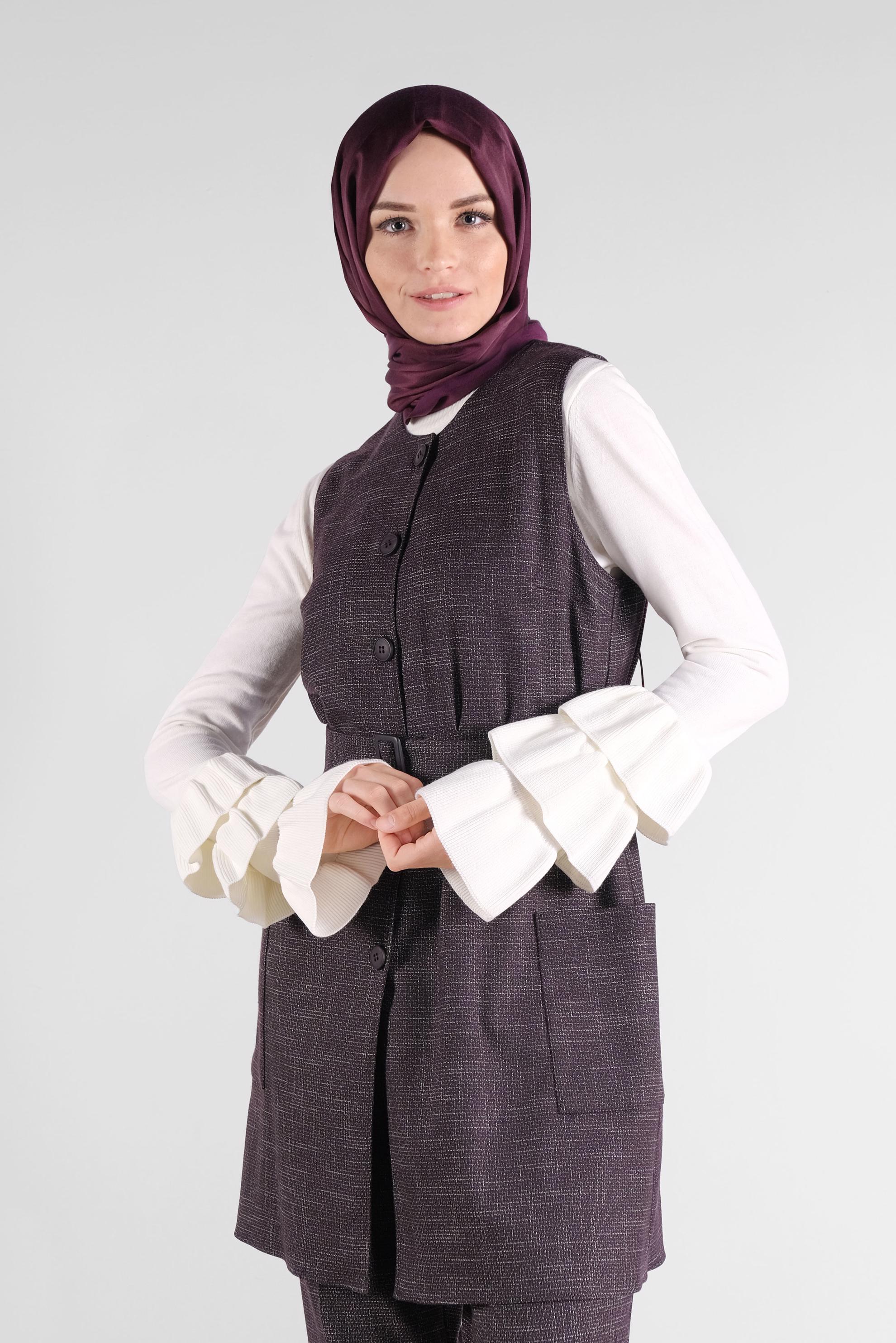 Tesettür giyim BORDO DÜĞMELİ KEMERLİ PANTOLONLU TAKIM 41147 