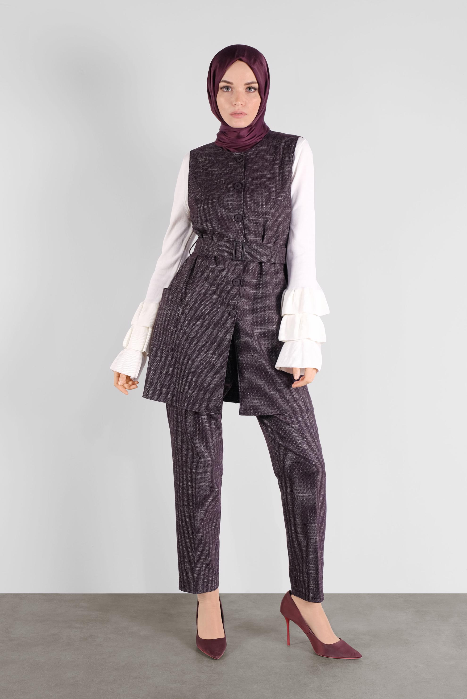 Tesettür giyim BORDO DÜĞMELİ KEMERLİ PANTOLONLU TAKIM 41147 
