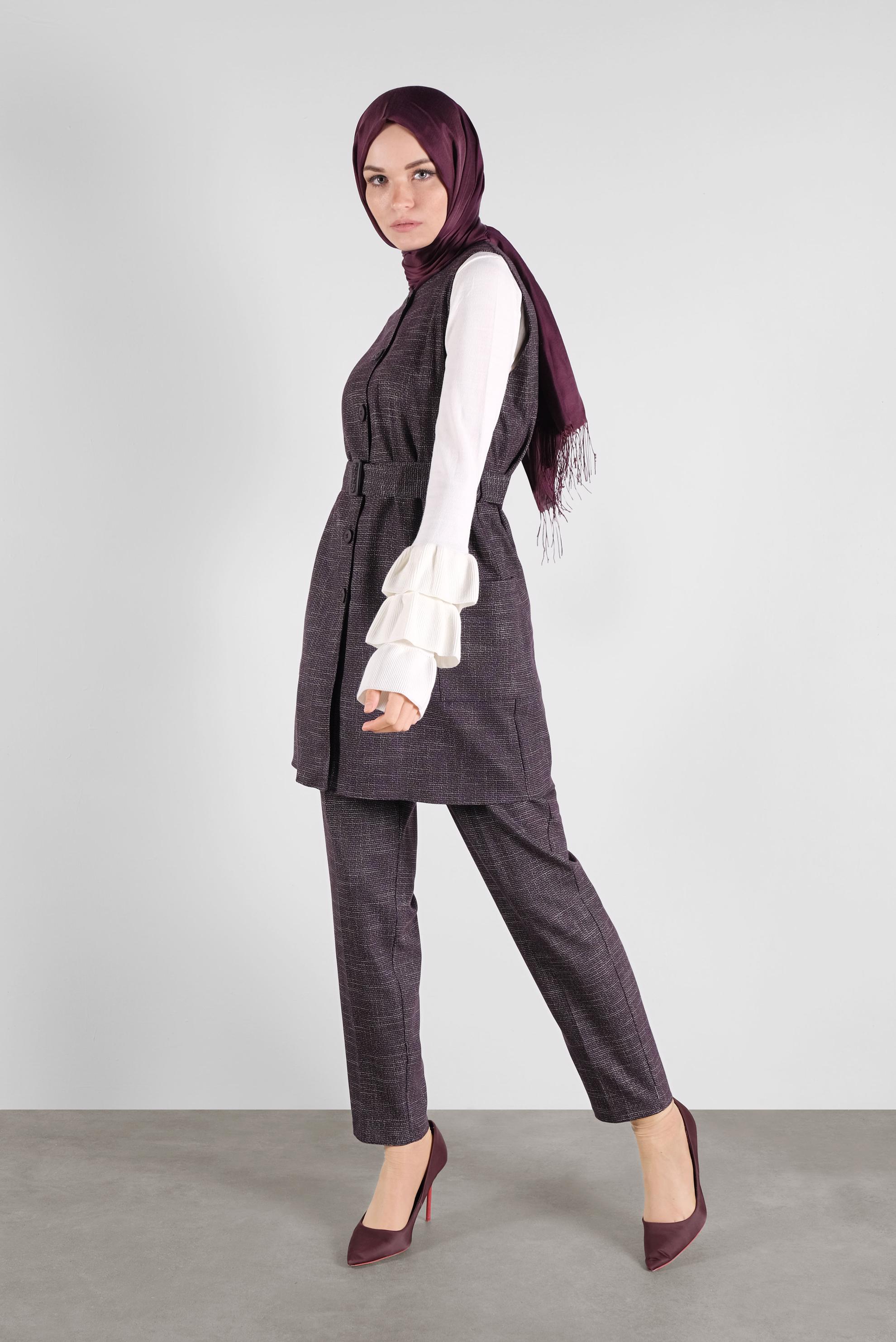 Tesettür giyim BORDO DÜĞMELİ KEMERLİ PANTOLONLU TAKIM 41147 