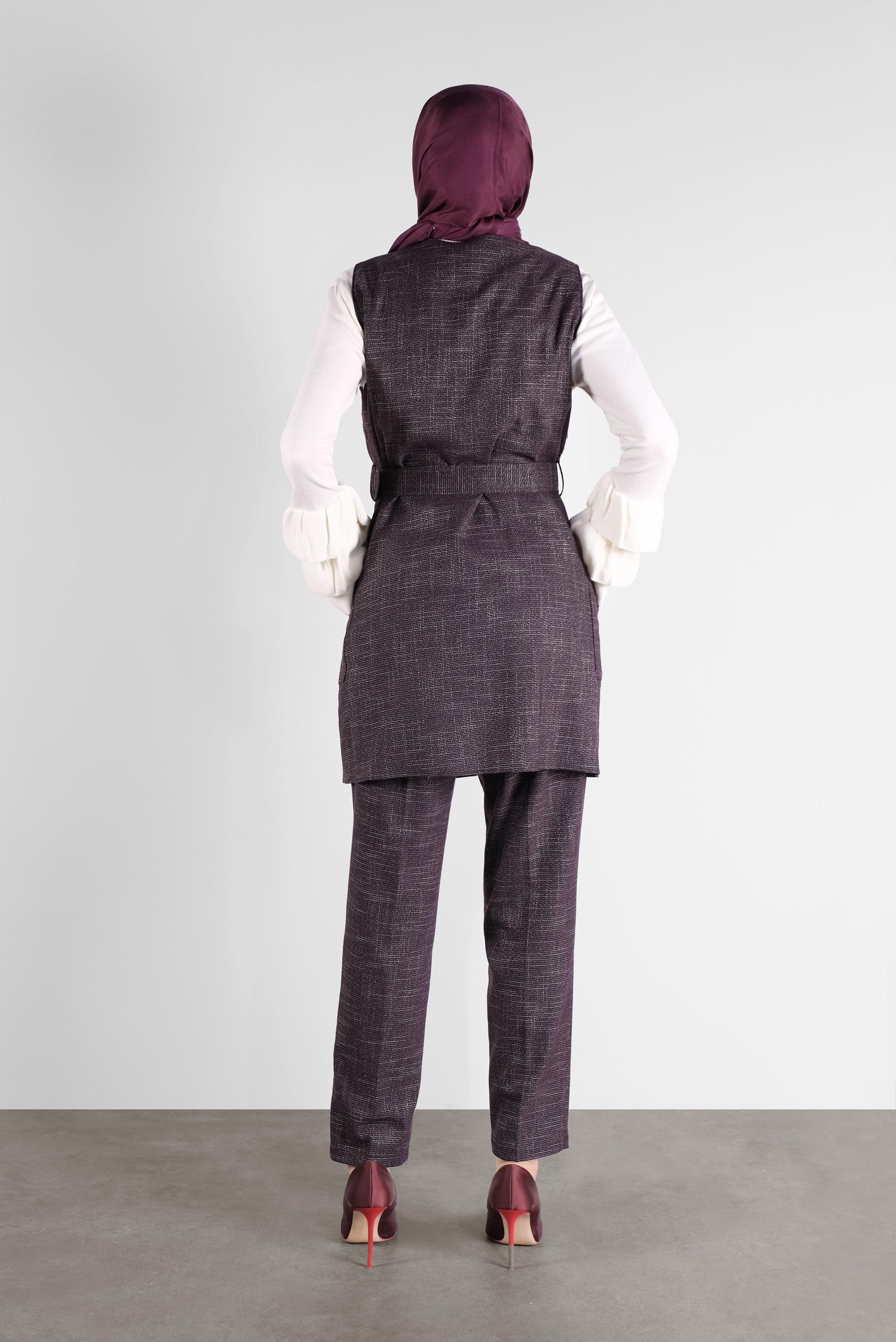 Tesettür giyim BORDO DÜĞMELİ KEMERLİ PANTOLONLU TAKIM 41147 