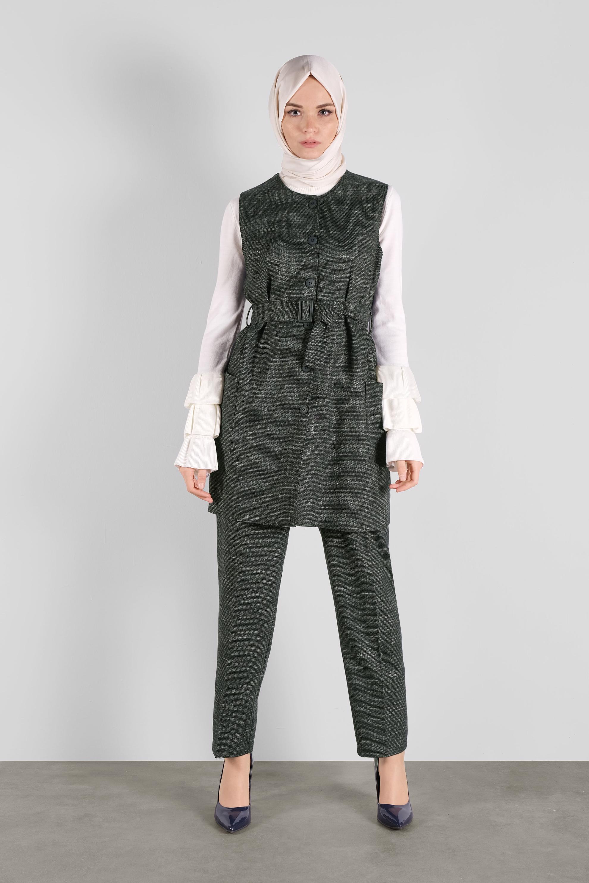 Tesettür giyim HAKİ DÜĞMELİ KEMERLİ PANTOLONLU TAKIM 41147 