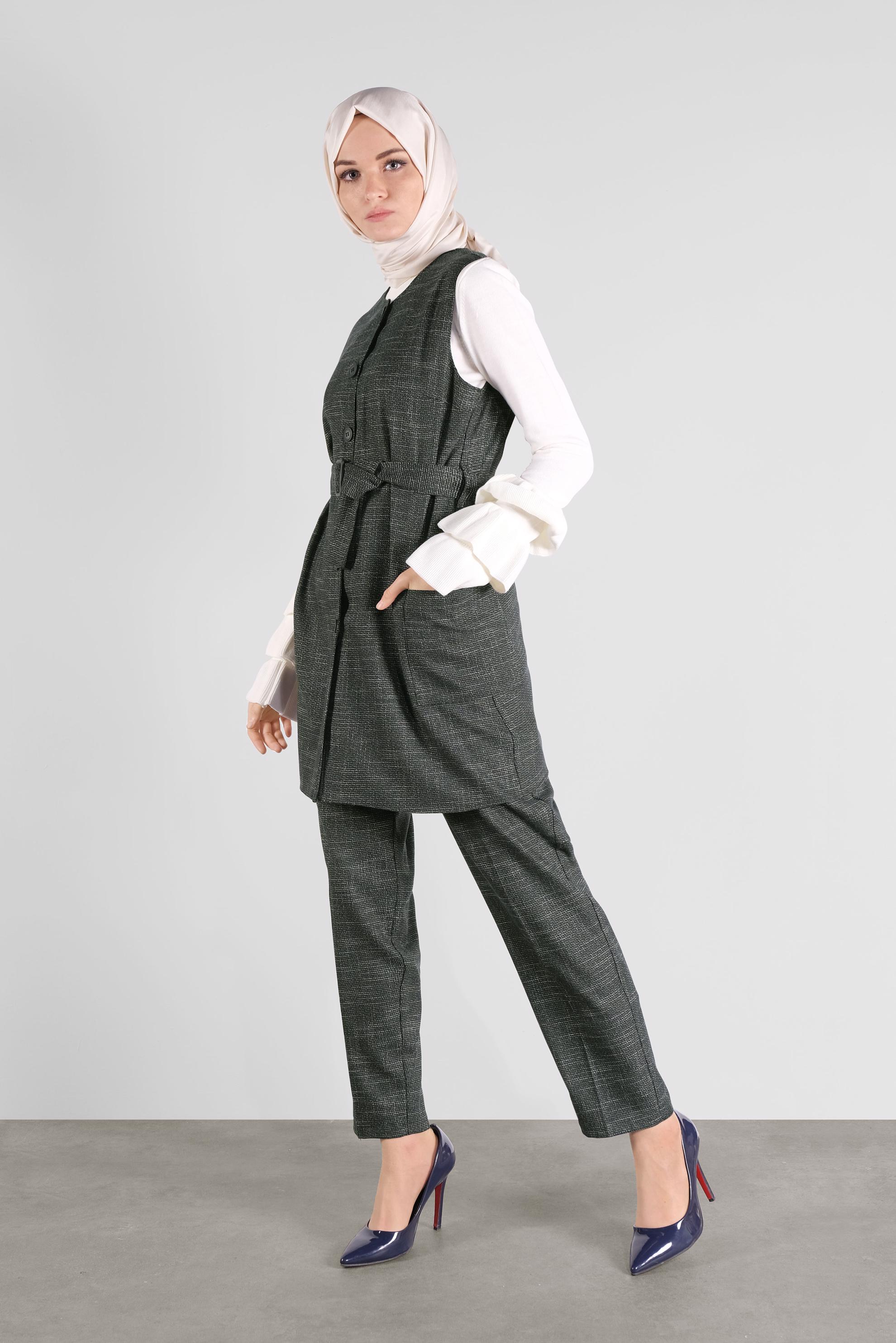 Tesettür giyim HAKİ DÜĞMELİ KEMERLİ PANTOLONLU TAKIM 41147 