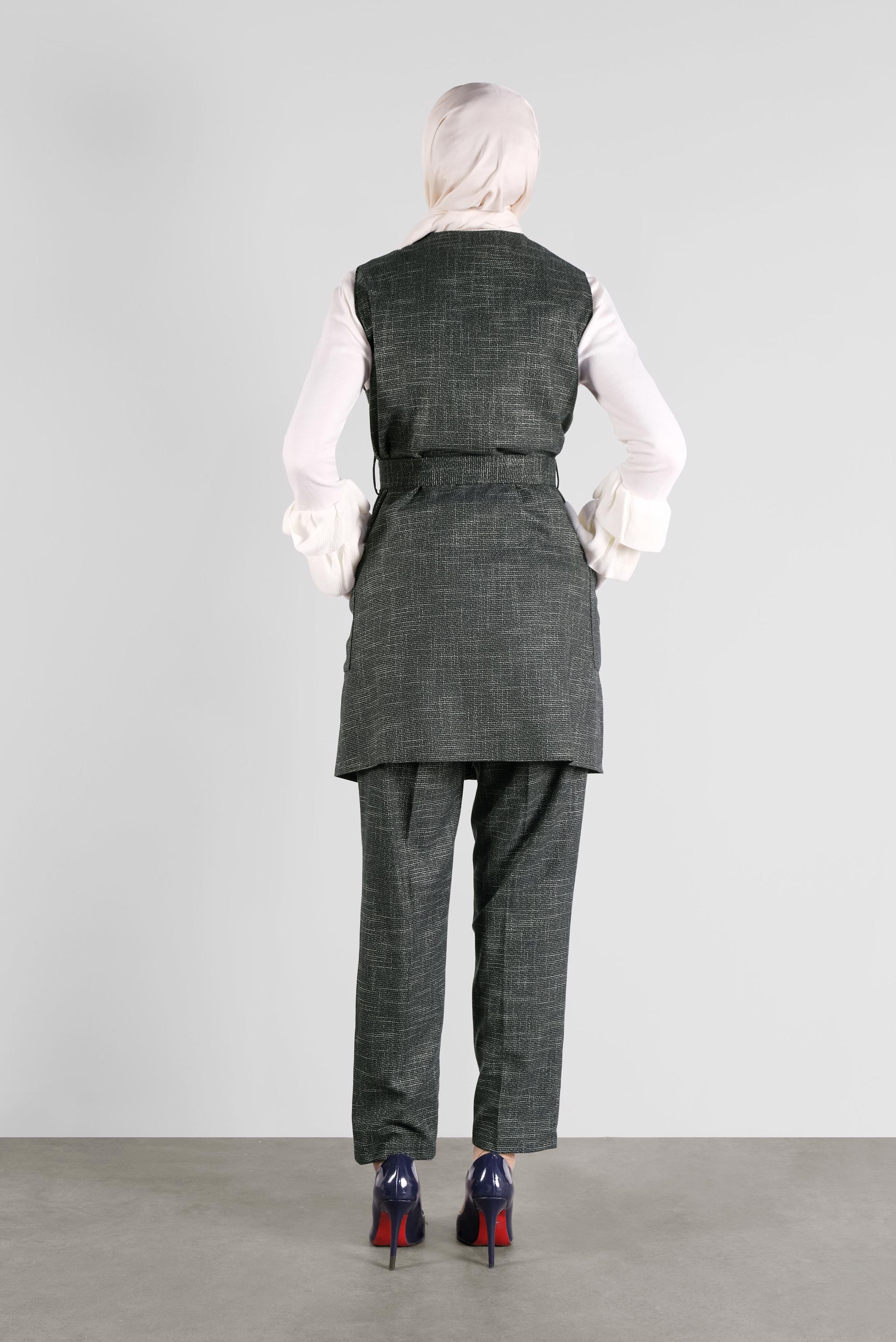 Tesettür giyim HAKİ DÜĞMELİ KEMERLİ PANTOLONLU TAKIM 41147 