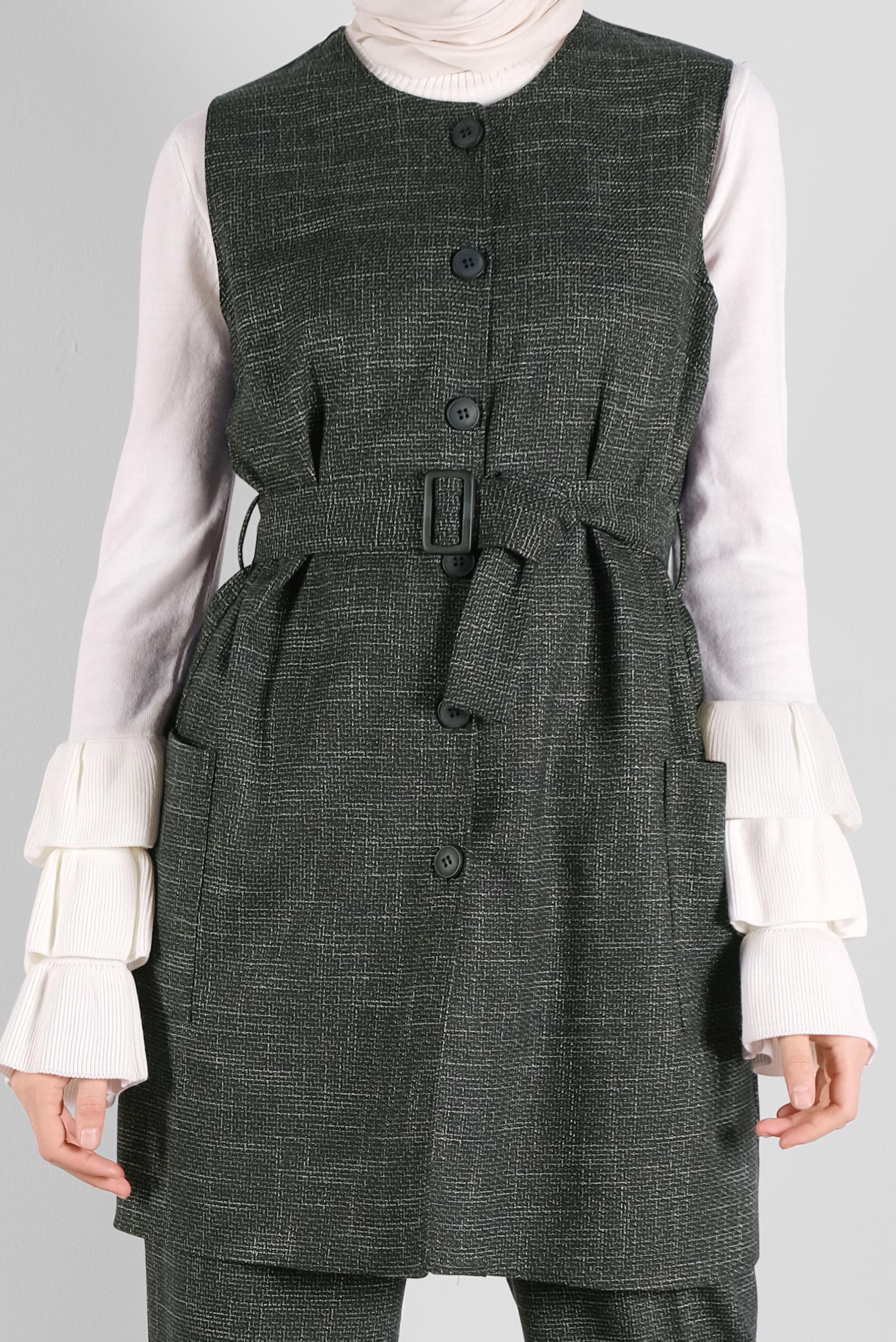 Tesettür giyim HAKİ DÜĞMELİ KEMERLİ PANTOLONLU TAKIM 41147 