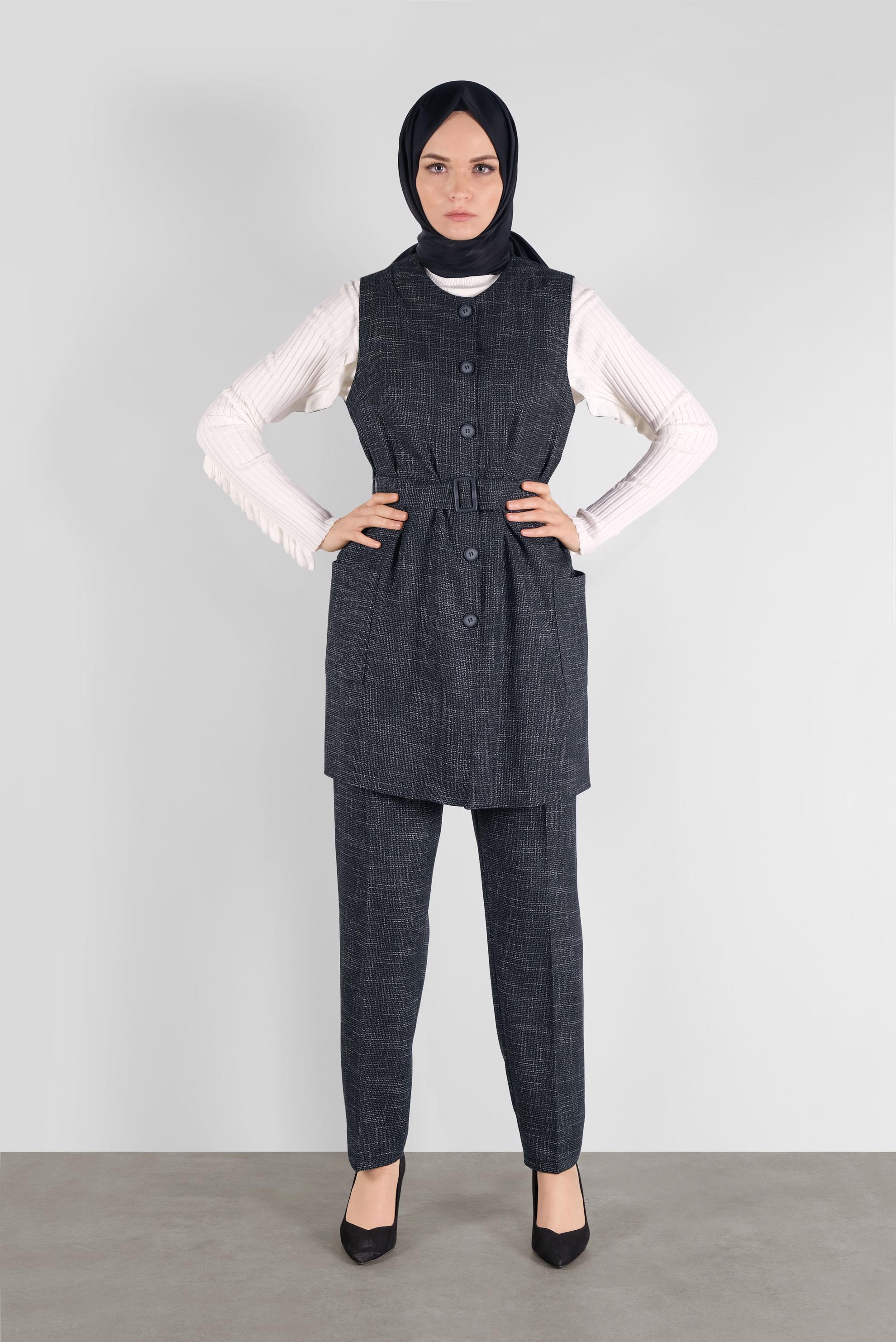 Tesettür giyim LACİVERT DÜĞMELİ KEMERLİ PANTOLONLU TAKIM 41147 