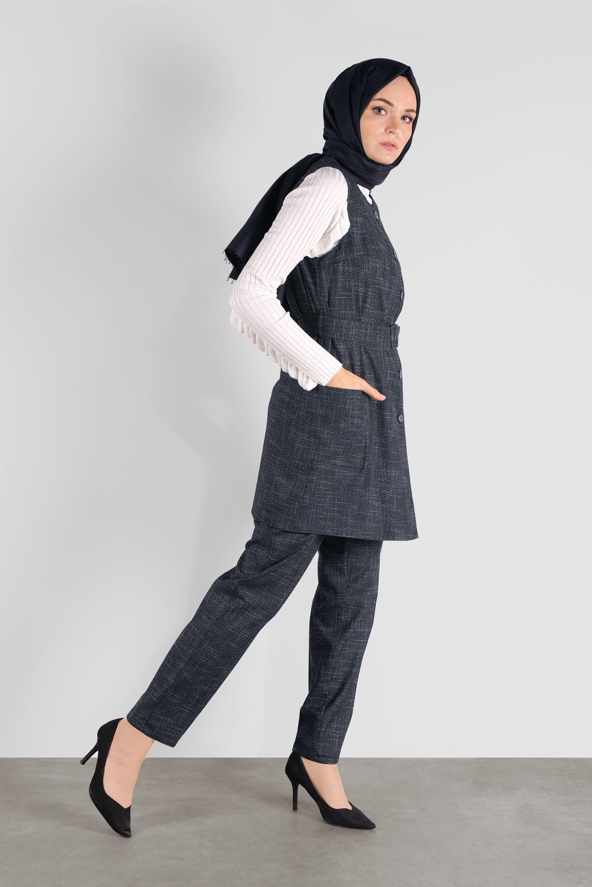 Tesettür giyim LACİVERT DÜĞMELİ KEMERLİ PANTOLONLU TAKIM 41147 